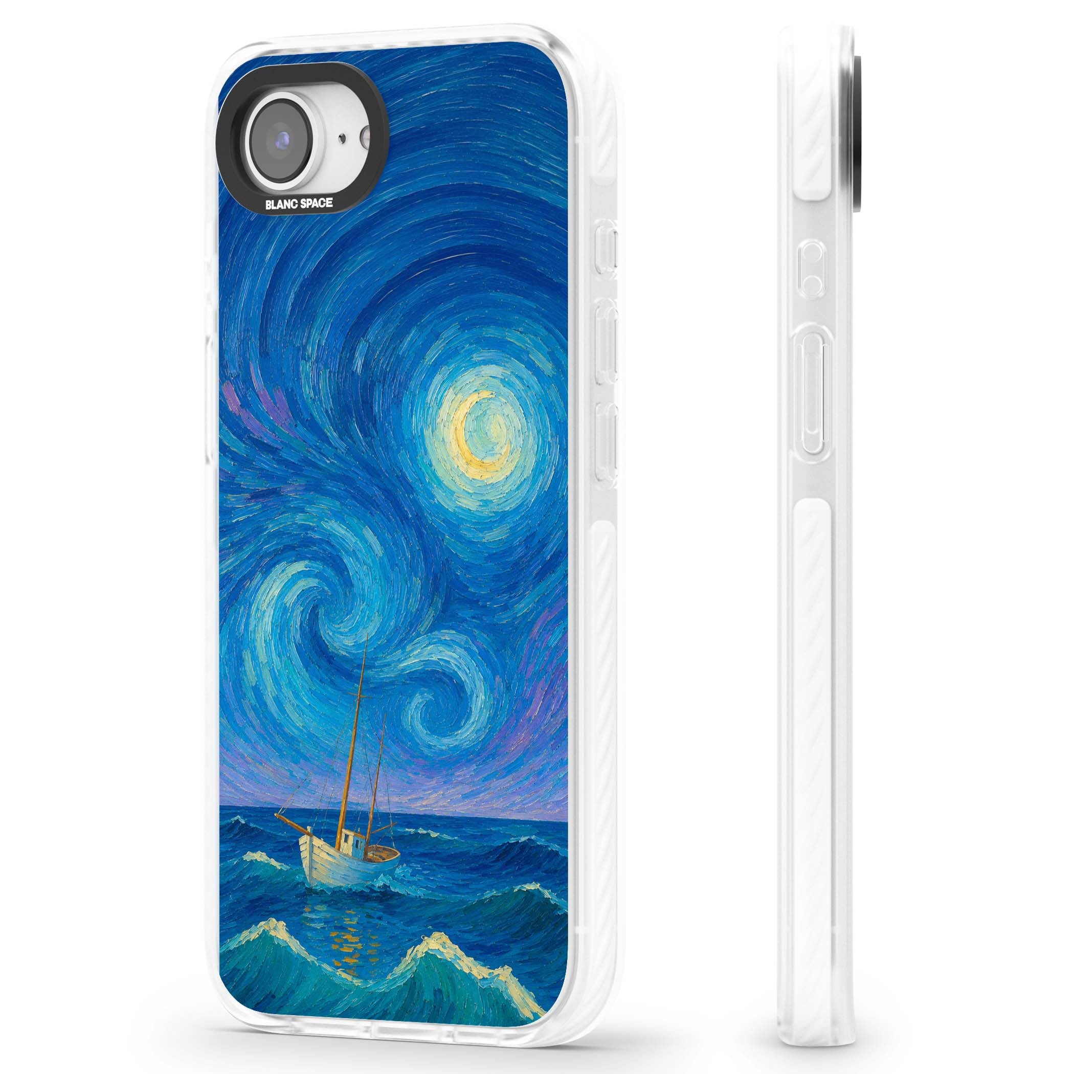 Moonlit Tide Van Gogh art iPhone case featuring swirling starry night sky, glowing moon and lone sailing boat at sea | Clear Impact case for iPhone 16e, iPhone 17e