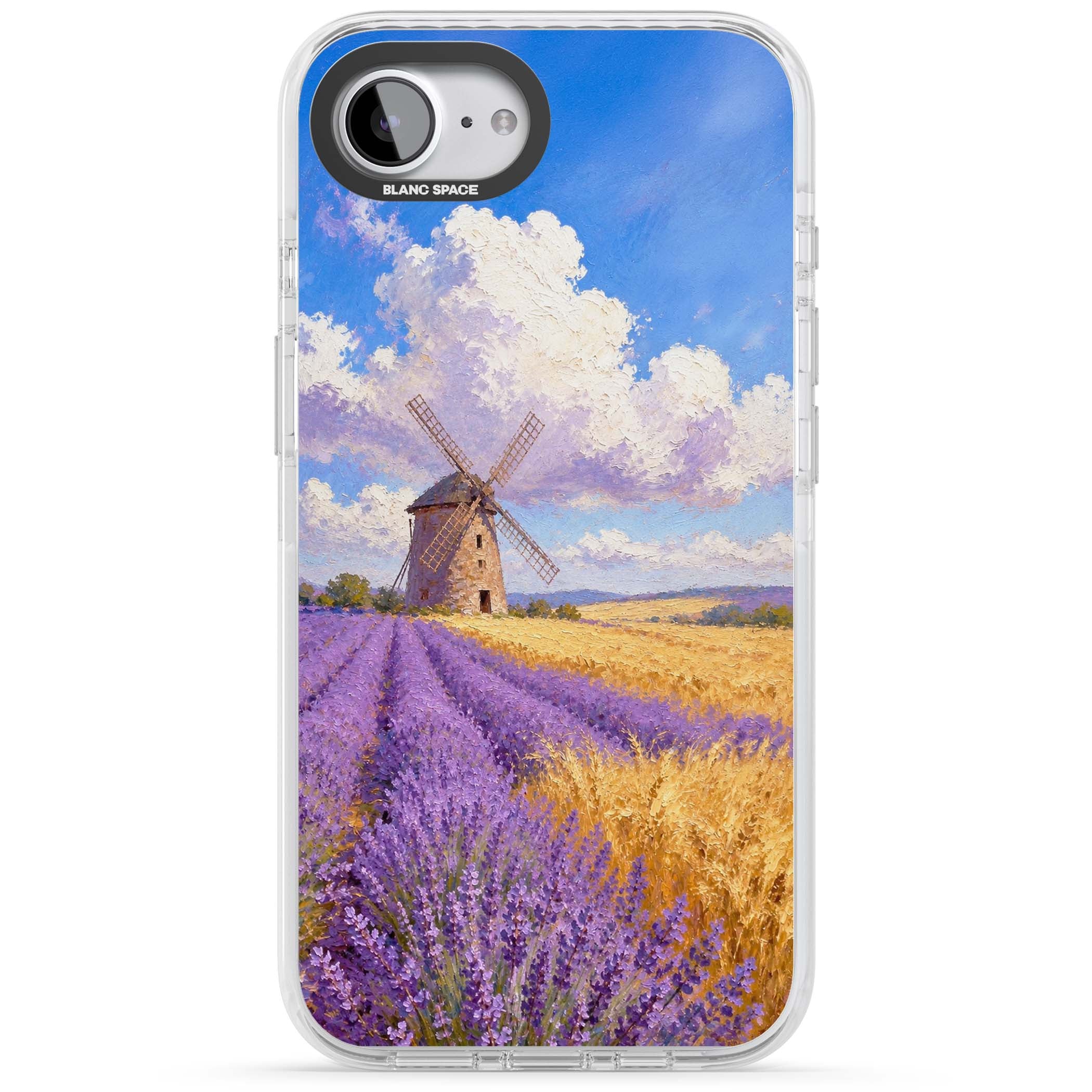 Lavender Mill cottagecore iPhone case featuring a French windmill, lavender field and golden wheat oil painting | Clear Impact case for iPhone 16e, iPhone 17e