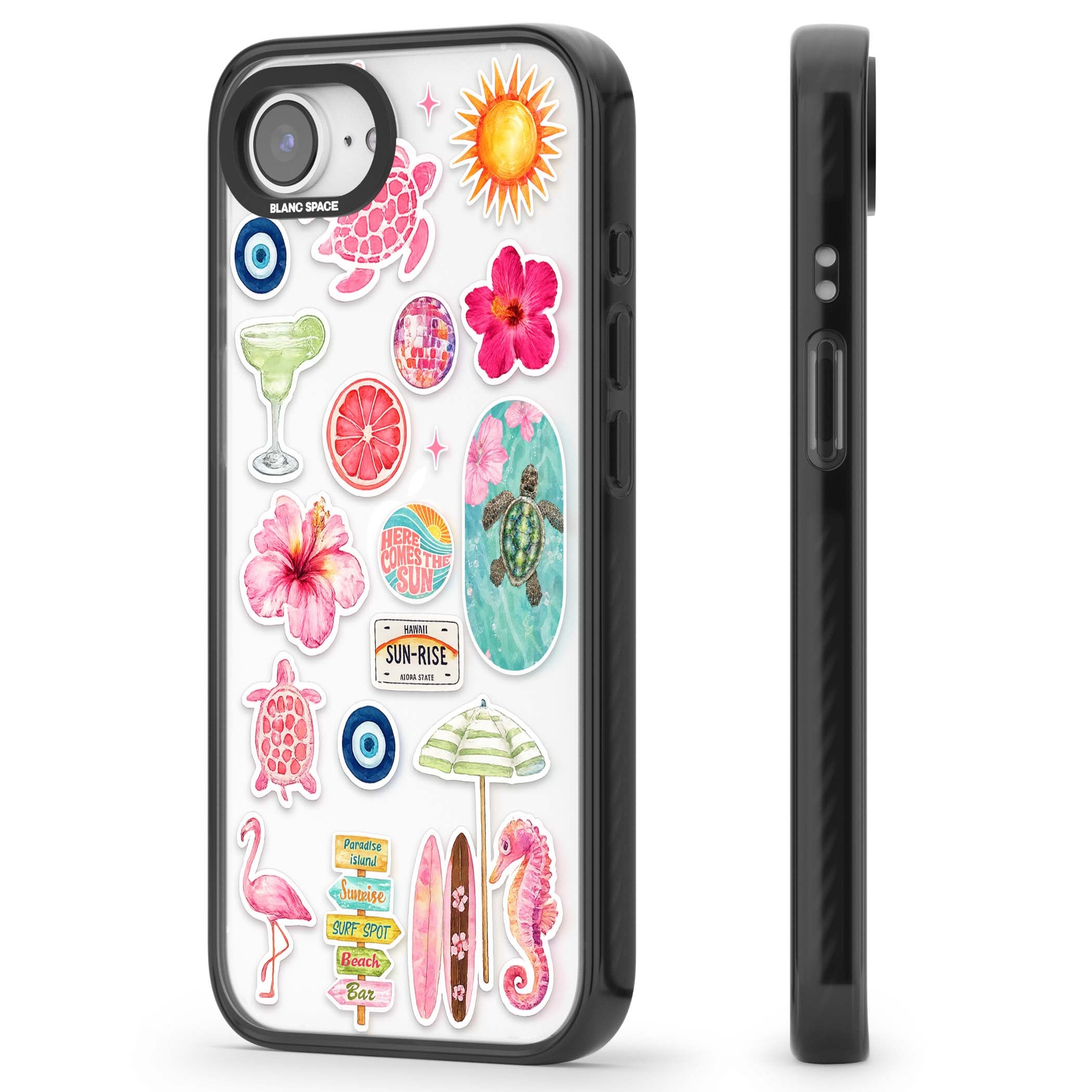 Aloha Sticker Mix tropical summer iPhone case featuring pink hibiscus, sea turtles, flamingo and beach umbrella stickers | Black Impact case for iPhone 16e, iPhone 17e