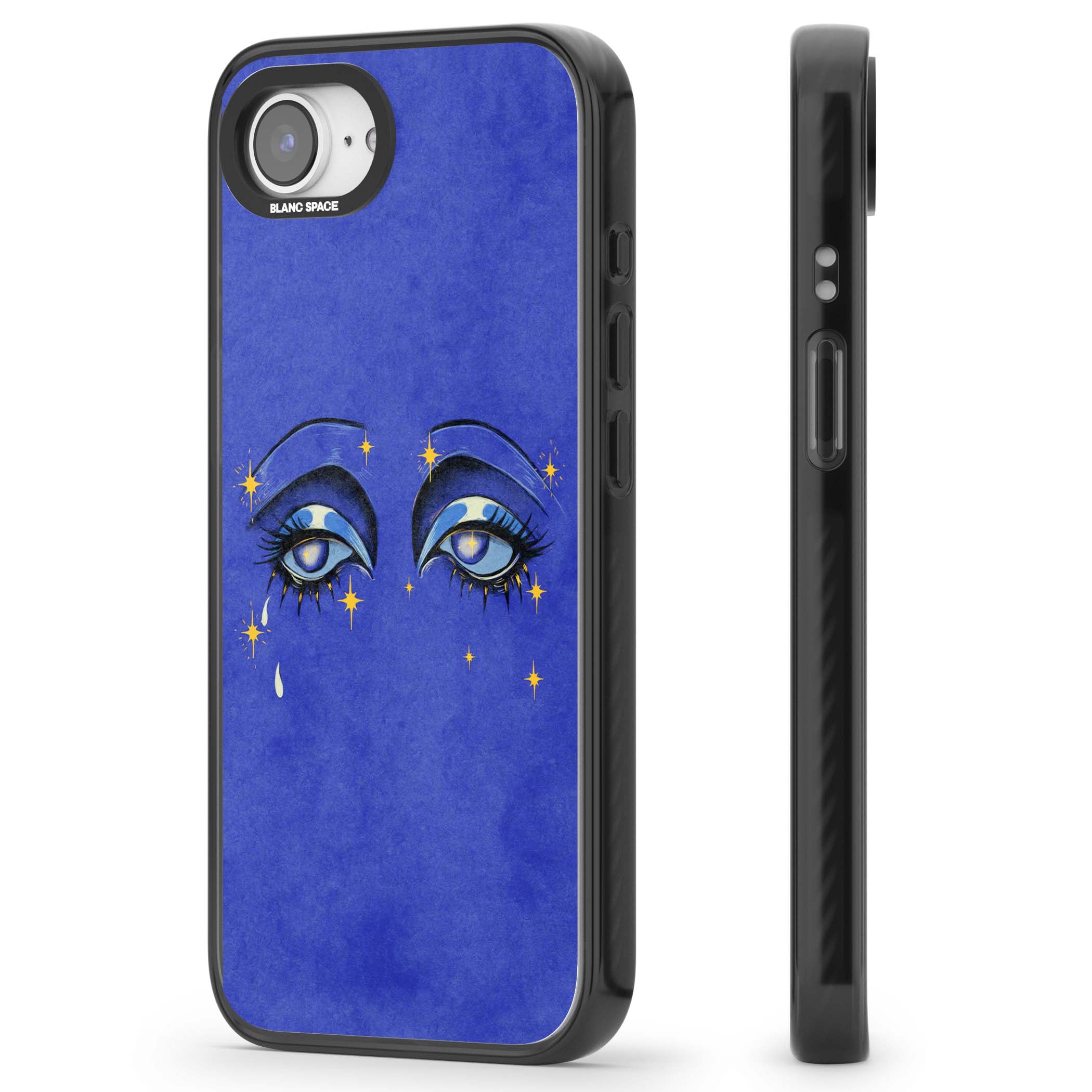 Blue Mystic Eyes celestial iPhone case featuring hand drawn blue mystical eyes, golden stars and a painted tear on indigo | Black Impact case for iPhone 16e, iPhone 17e