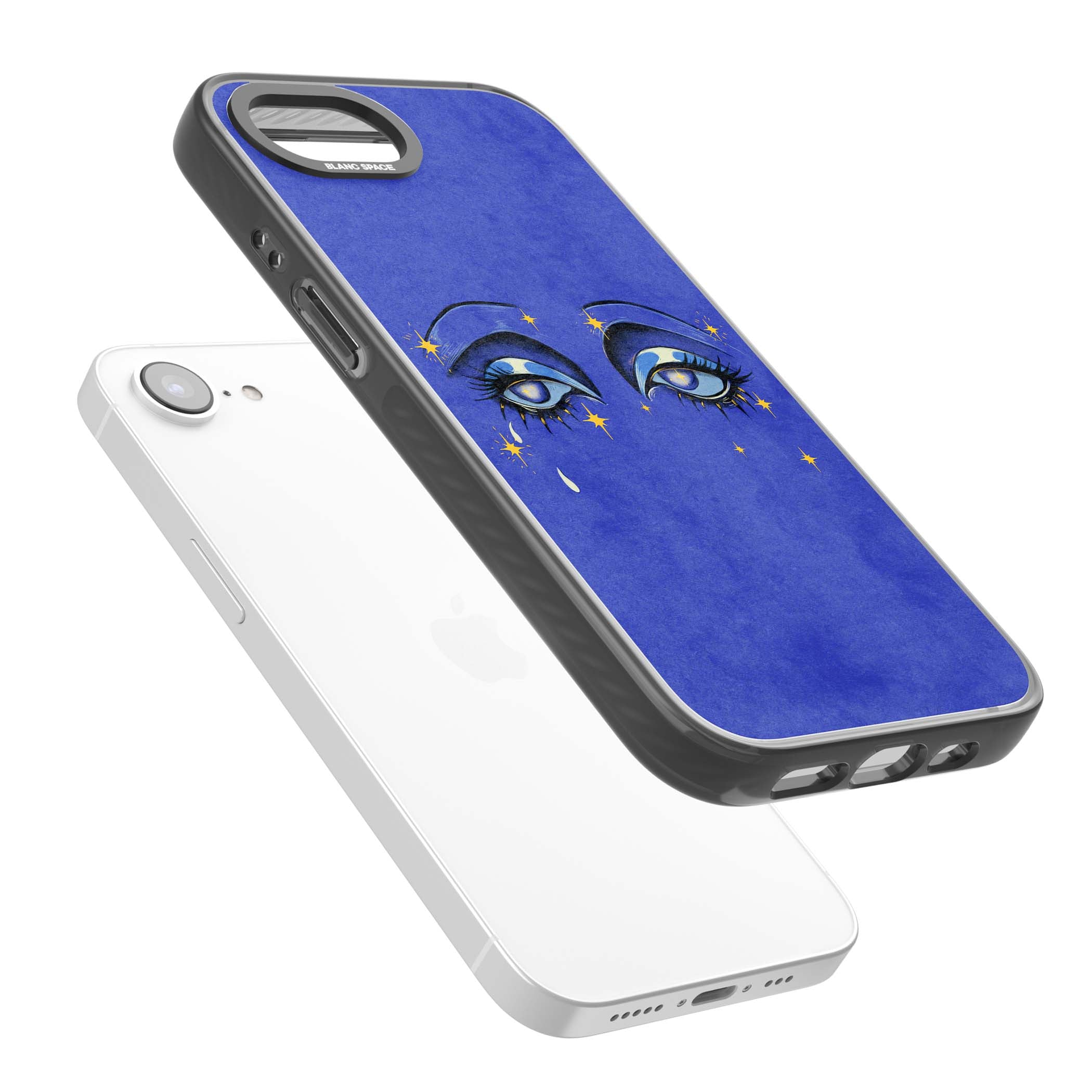 Blue Mystic Eyes celestial iPhone case featuring hand drawn blue mystical eyes, golden stars and a painted tear on indigo | Black Impact case for iPhone 16e, iPhone 17e