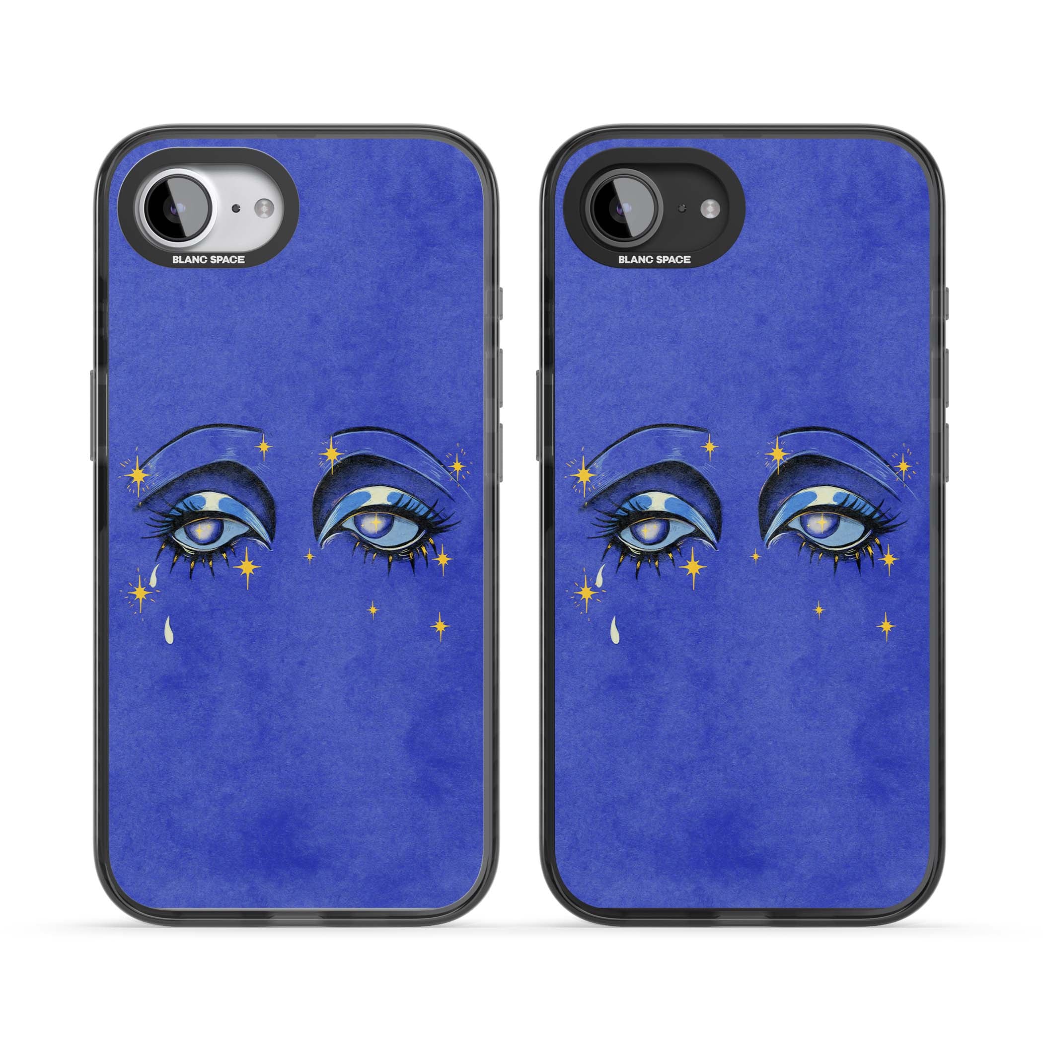 Blue Mystic Eyes celestial iPhone case featuring hand drawn blue mystical eyes, golden stars and a painted tear on indigo | Black Impact case for iPhone 16e, iPhone 17e