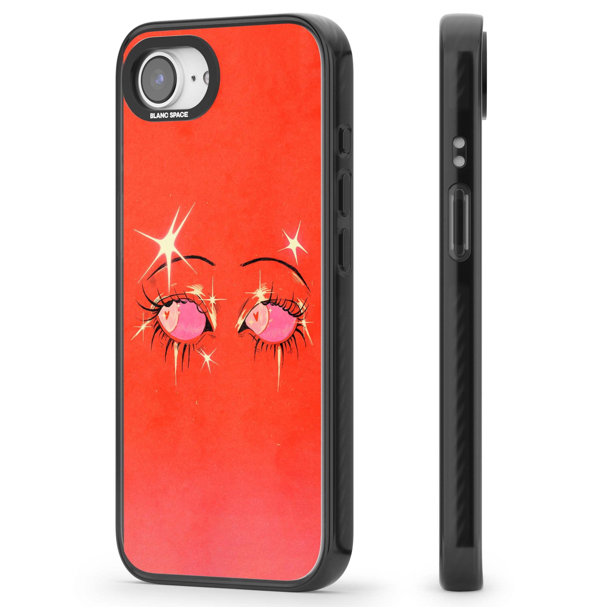 Pink Ethereal Eyes anime iPhone case featuring hand-drawn sparkly eyes with pink hearts and gold stars on red | Black Impact case for iPhone 16e, iPhone 17e