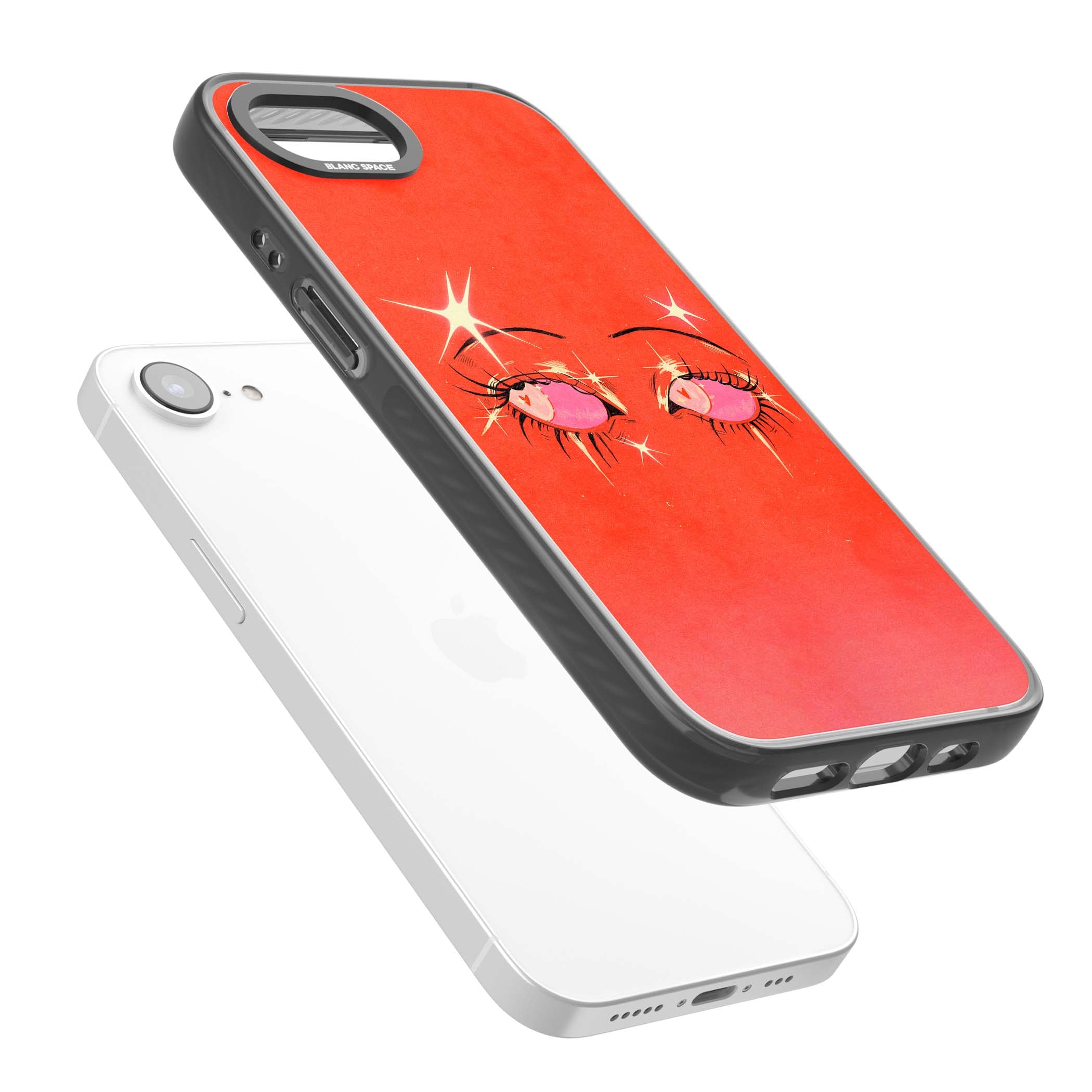 Pink Ethereal Eyes anime iPhone case featuring hand-drawn sparkly eyes with pink hearts and gold stars on red | Black Impact case for iPhone 16e, iPhone 17e