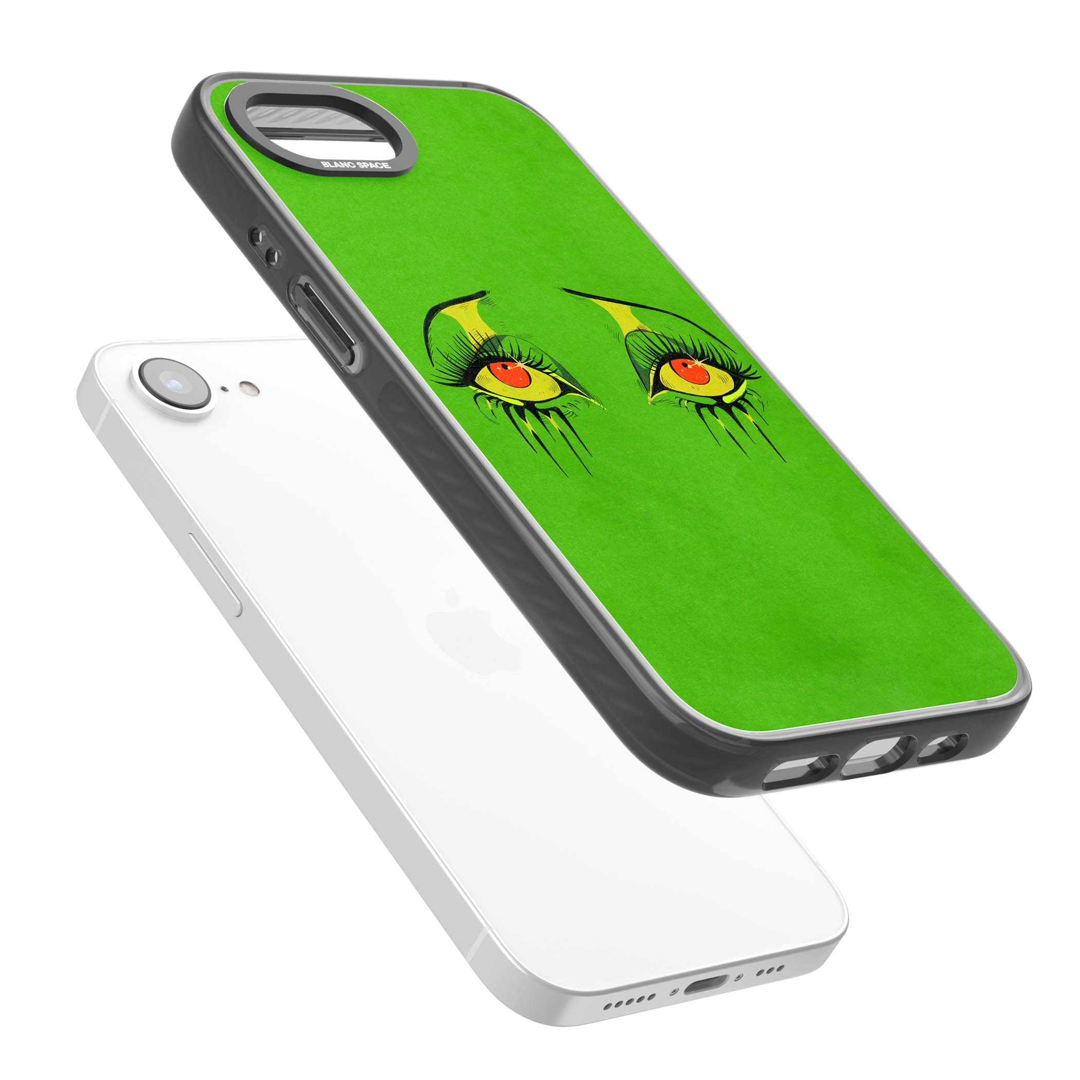 Green Enchanted Eyes psychedelic art iPhone case featuring hand-drawn dripping eyes on neon green background | Black Impact case for iPhone 16e, iPhone 17e