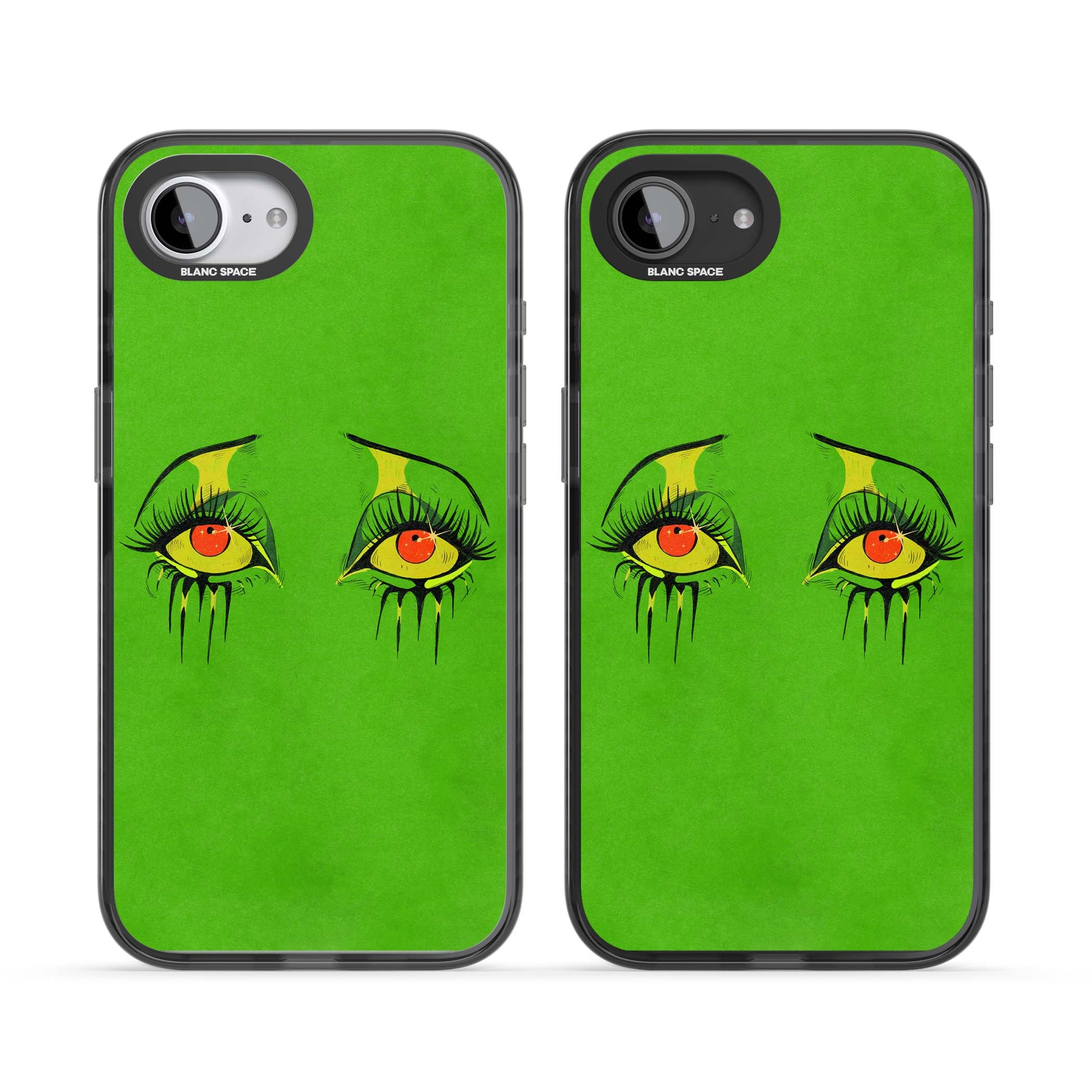 Green Enchanted Eyes psychedelic art iPhone case featuring hand-drawn dripping eyes on neon green background | Black Impact case for iPhone 16e, iPhone 17e