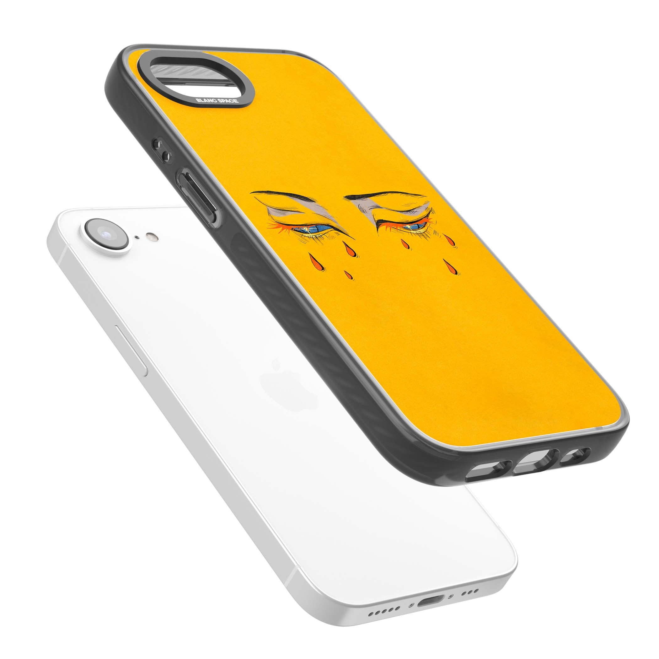 Yellow Tearful Eyes indie iPhone case featuring hand-drawn crying eyes with orange tears on a yellow background | Black Impact case for iPhone 16e, iPhone 17e