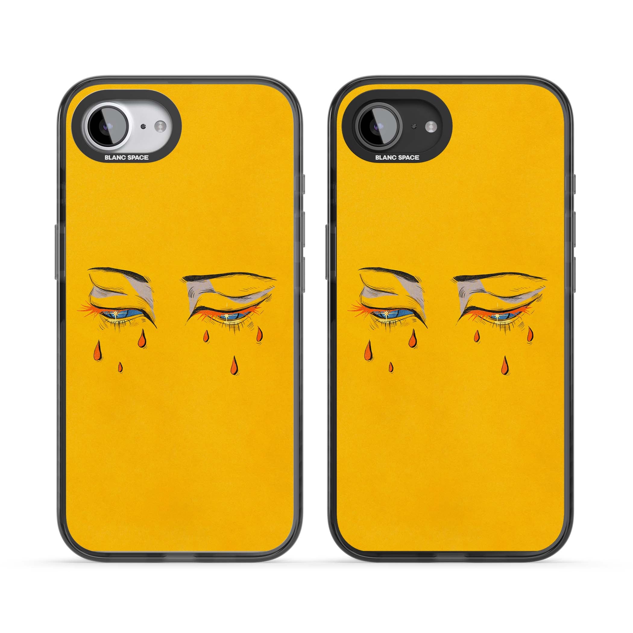 Yellow Tearful Eyes indie iPhone case featuring hand-drawn crying eyes with orange tears on a yellow background | Black Impact case for iPhone 16e, iPhone 17e