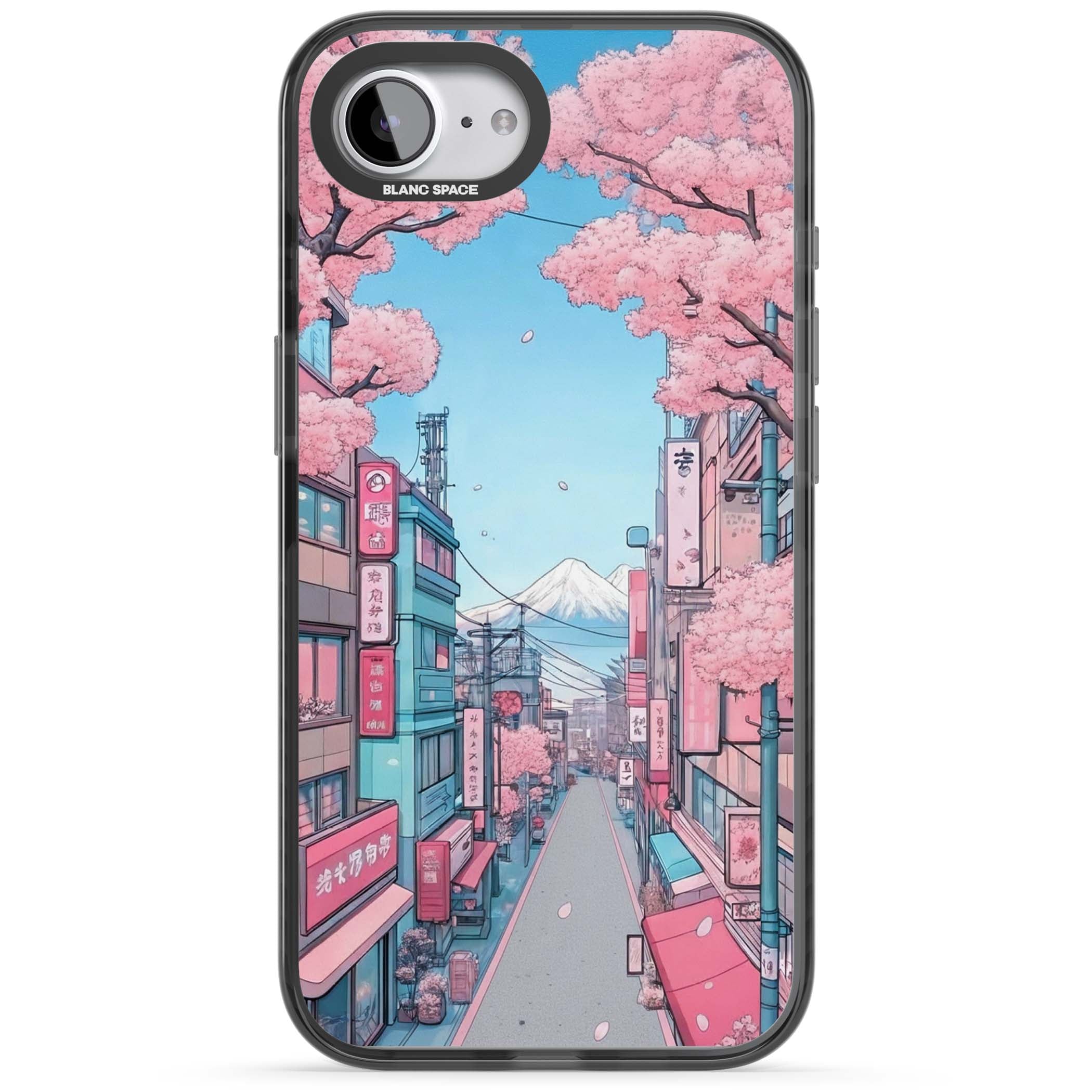 Sakura Lane anime iPhone case featuring Tokyo street scene with cherry blossoms and Mount Fuji | Black Impact case for iPhone 16e, iPhone 17e