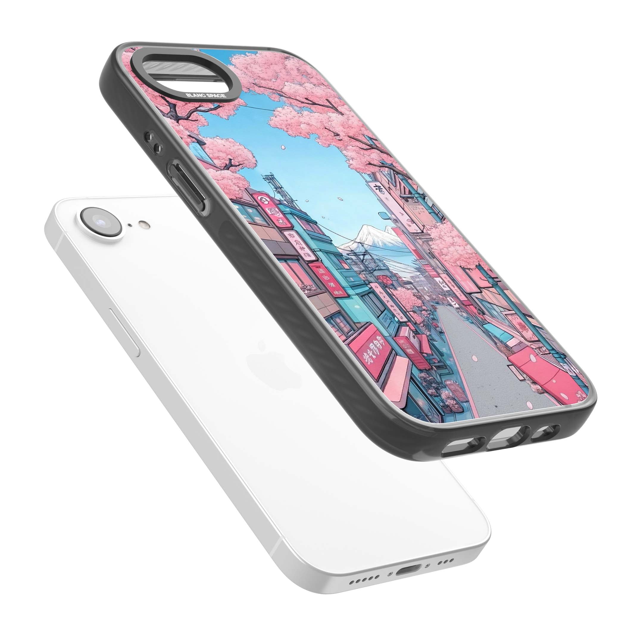Sakura Lane anime iPhone case featuring Tokyo street scene with cherry blossoms and Mount Fuji | Black Impact case for iPhone 16e, iPhone 17e