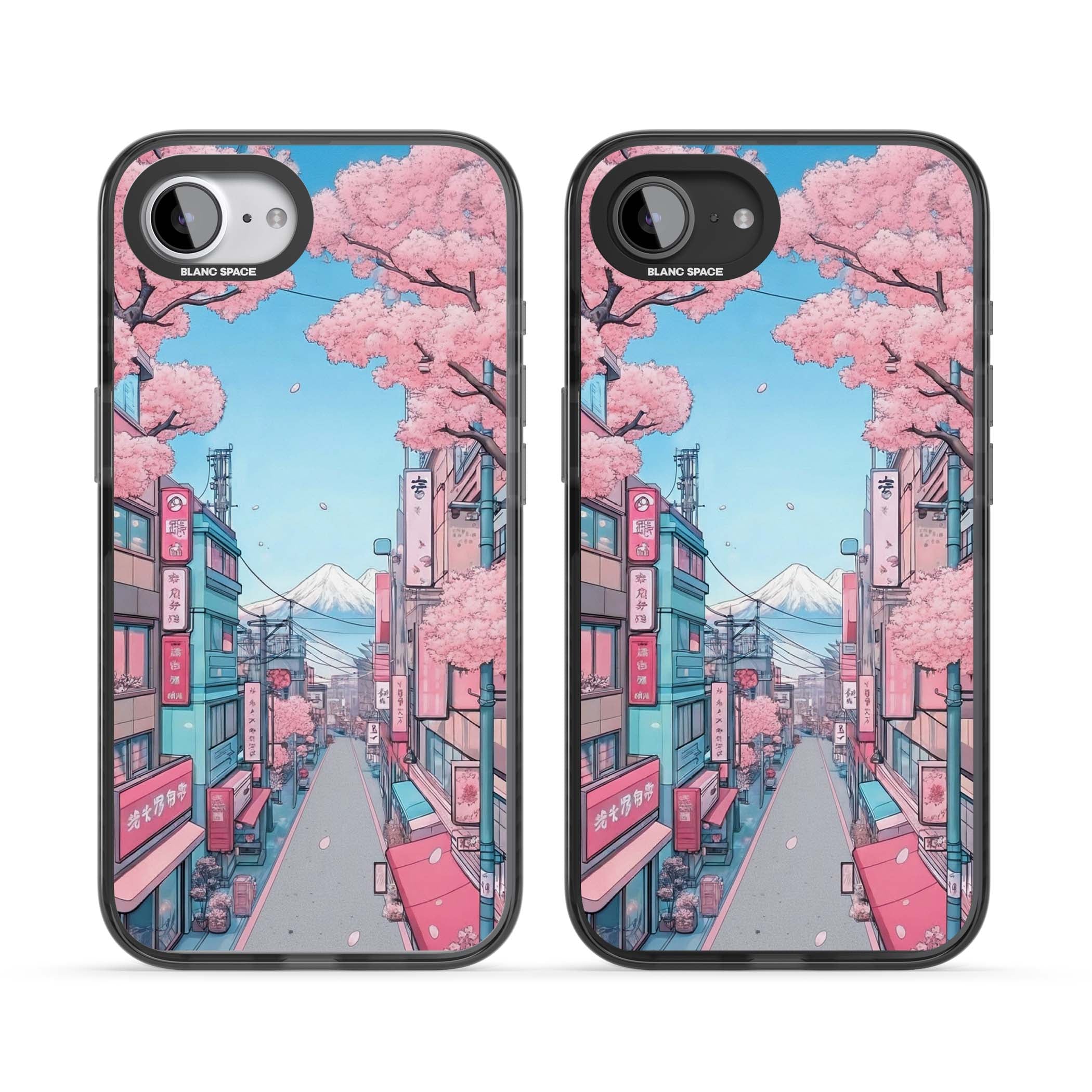 Sakura Lane anime iPhone case featuring Tokyo street scene with cherry blossoms and Mount Fuji | Black Impact case for iPhone 16e, iPhone 17e