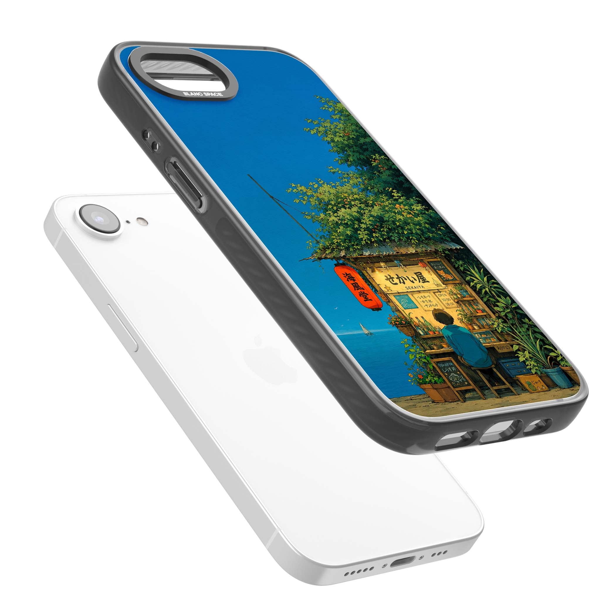 The Shirahama Kiosk anime iPhone case featuring a Japanese seaside shop, red paper lantern and ocean view | Black Impact case for iPhone 16e, iPhone 17e