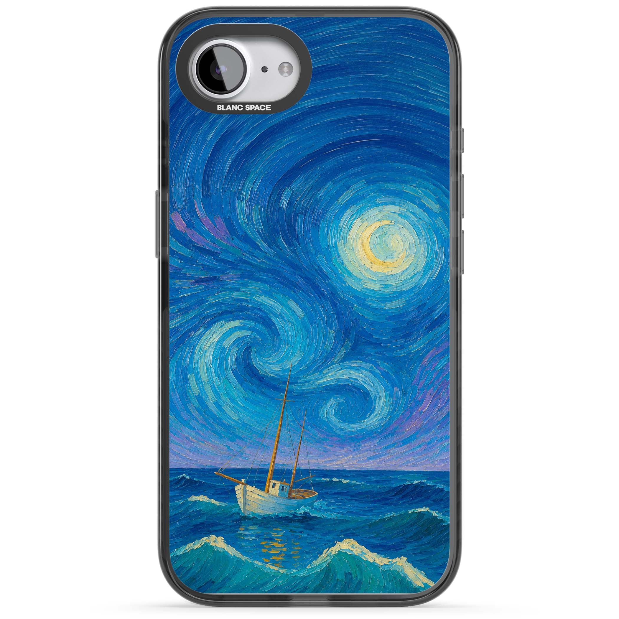 Moonlit Tide Van Gogh art iPhone case featuring swirling starry night sky, glowing moon and lone sailing boat at sea | Black Impact case for iPhone 16e, iPhone 17e