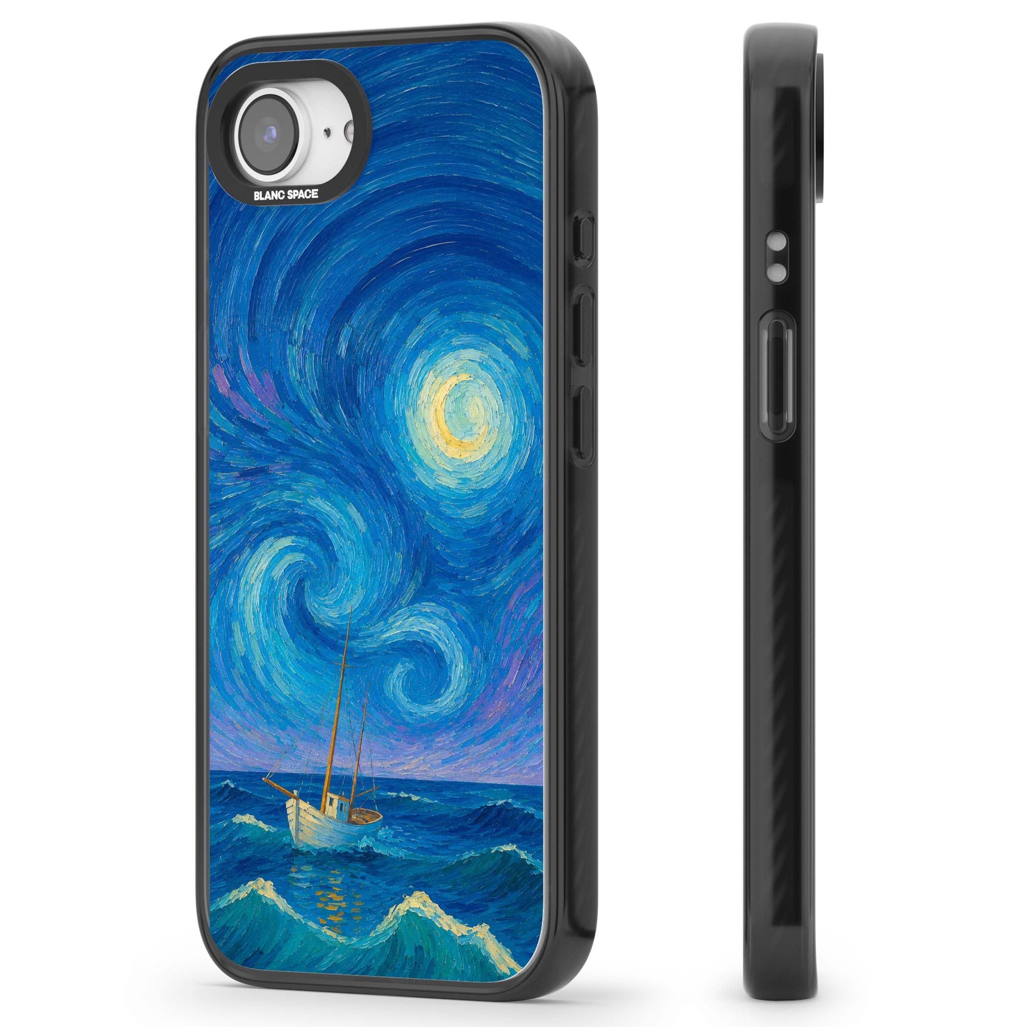 Moonlit Tide Van Gogh art iPhone case featuring swirling starry night sky, glowing moon and lone sailing boat at sea | Black Impact case for iPhone 16e, iPhone 17e