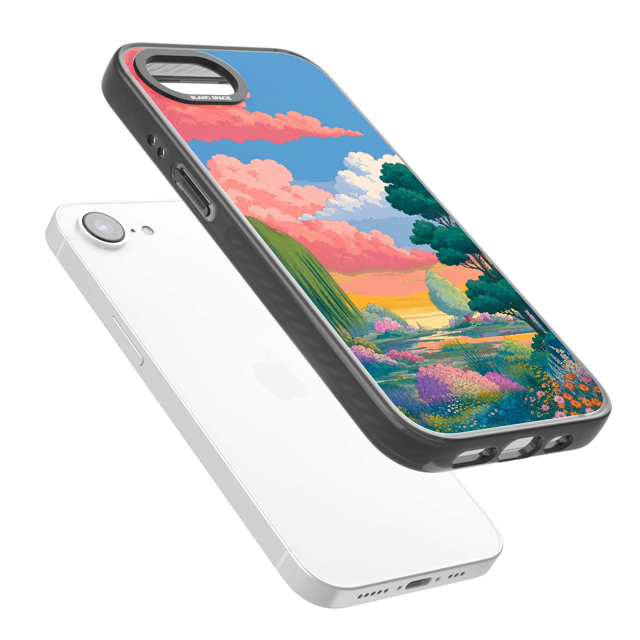 Dream Valley anime landscape iPhone case featuring pink sunset clouds, willow trees and wildflowers | Black Impact case for iPhone 16e, iPhone 17e
