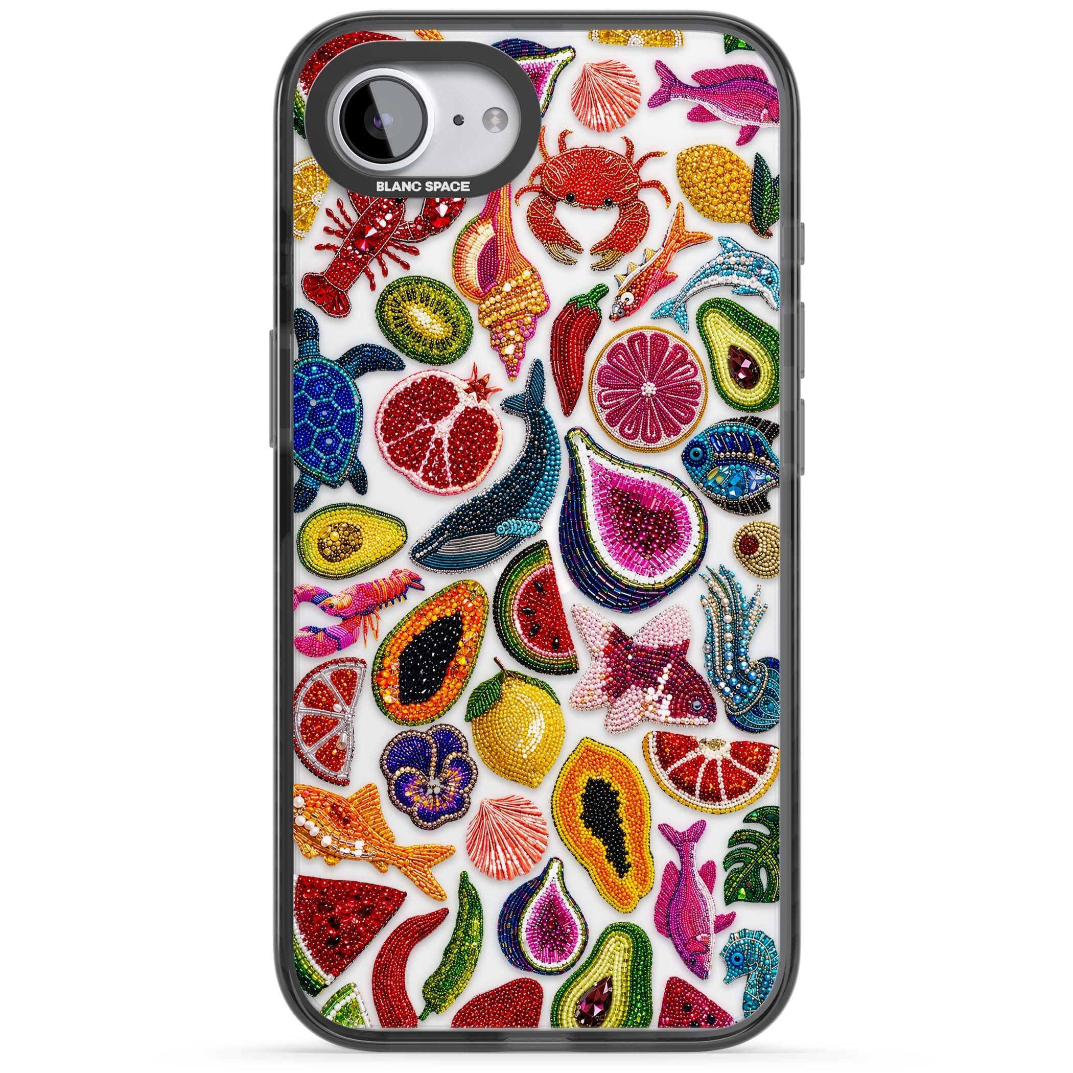 Beaded Tropic tropical iPhone case featuring beaded fruit, fish, crabs and seashells in vibrant colour | Black Impact case for iPhone 16e, iPhone 17e