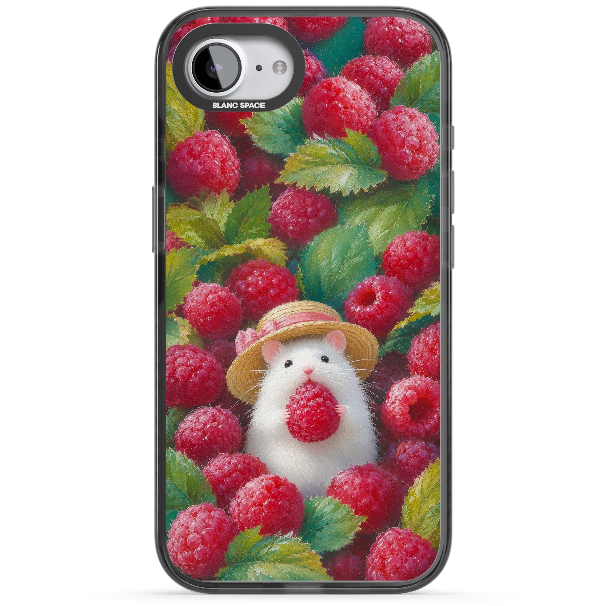 Berry Forager cottagecore iPhone case featuring a white hamster in a straw hat holding a raspberry surrounded by ripe ber | Black Impact case for iPhone 16e, iPhone 17e