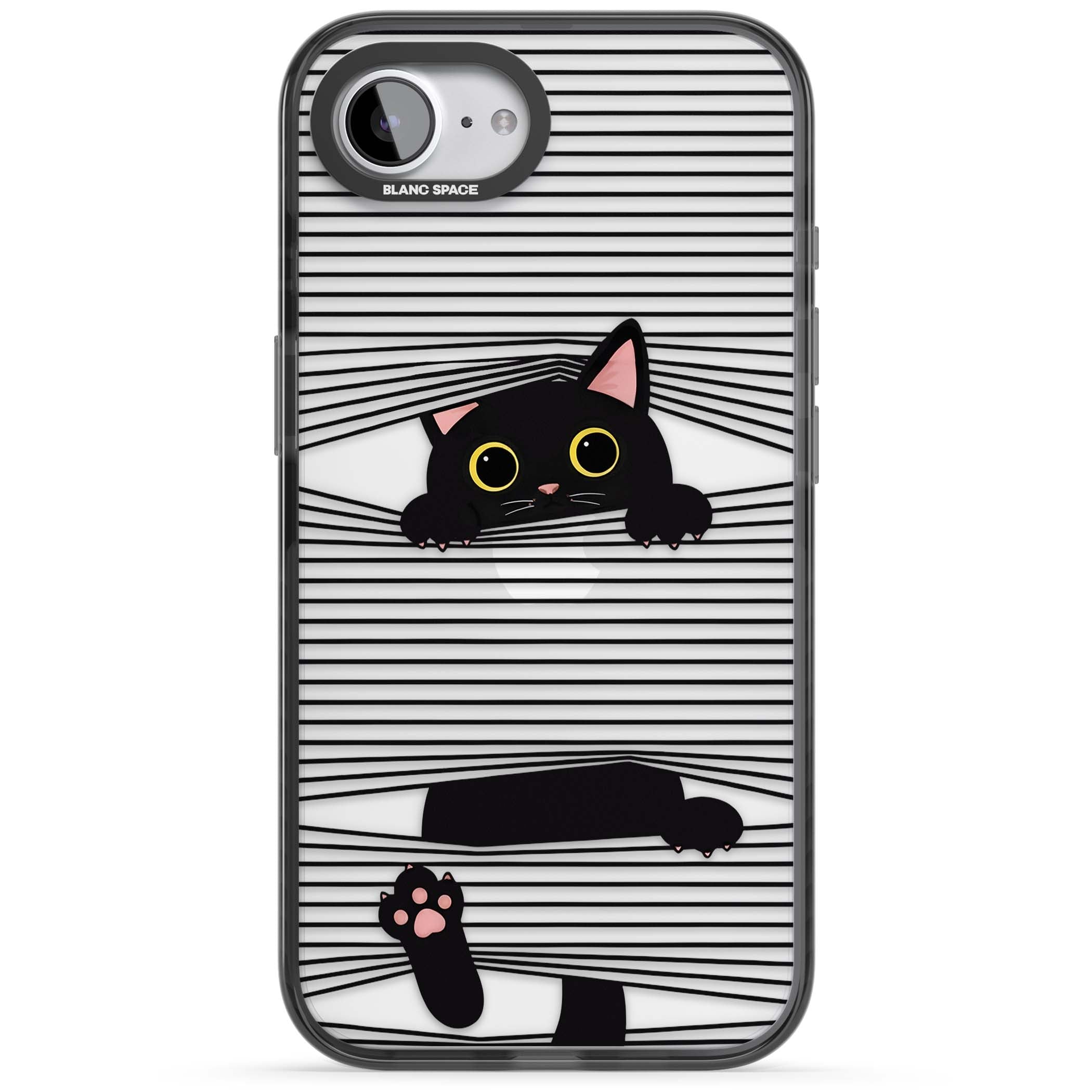 Peek-a-Boo Cat minimal iPhone case featuring black cat peeking through horizontal black and white stripes | Black Impact case for iPhone 16e, iPhone 17e