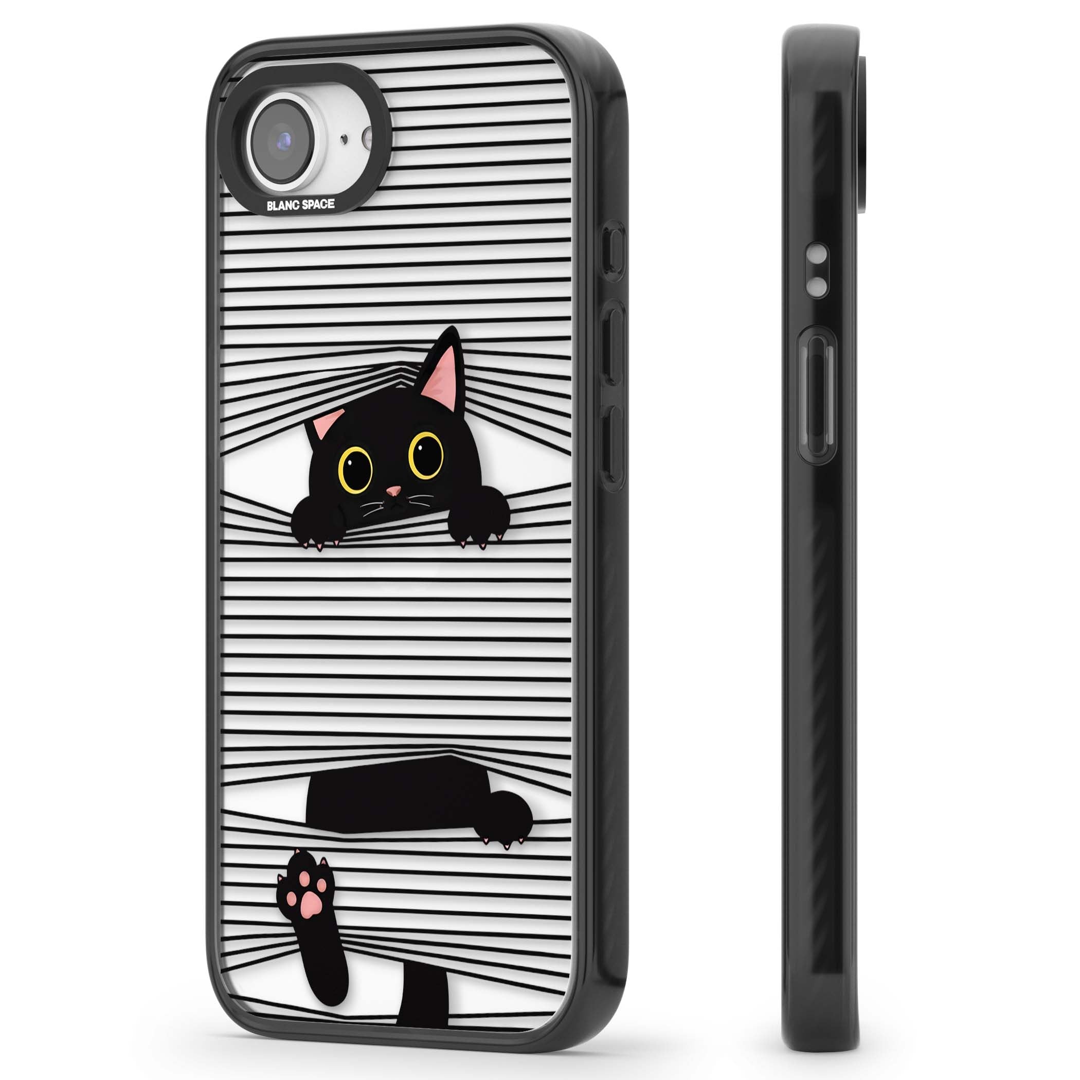 Peek-a-Boo Cat minimal iPhone case featuring black cat peeking through horizontal black and white stripes | Black Impact case for iPhone 16e, iPhone 17e