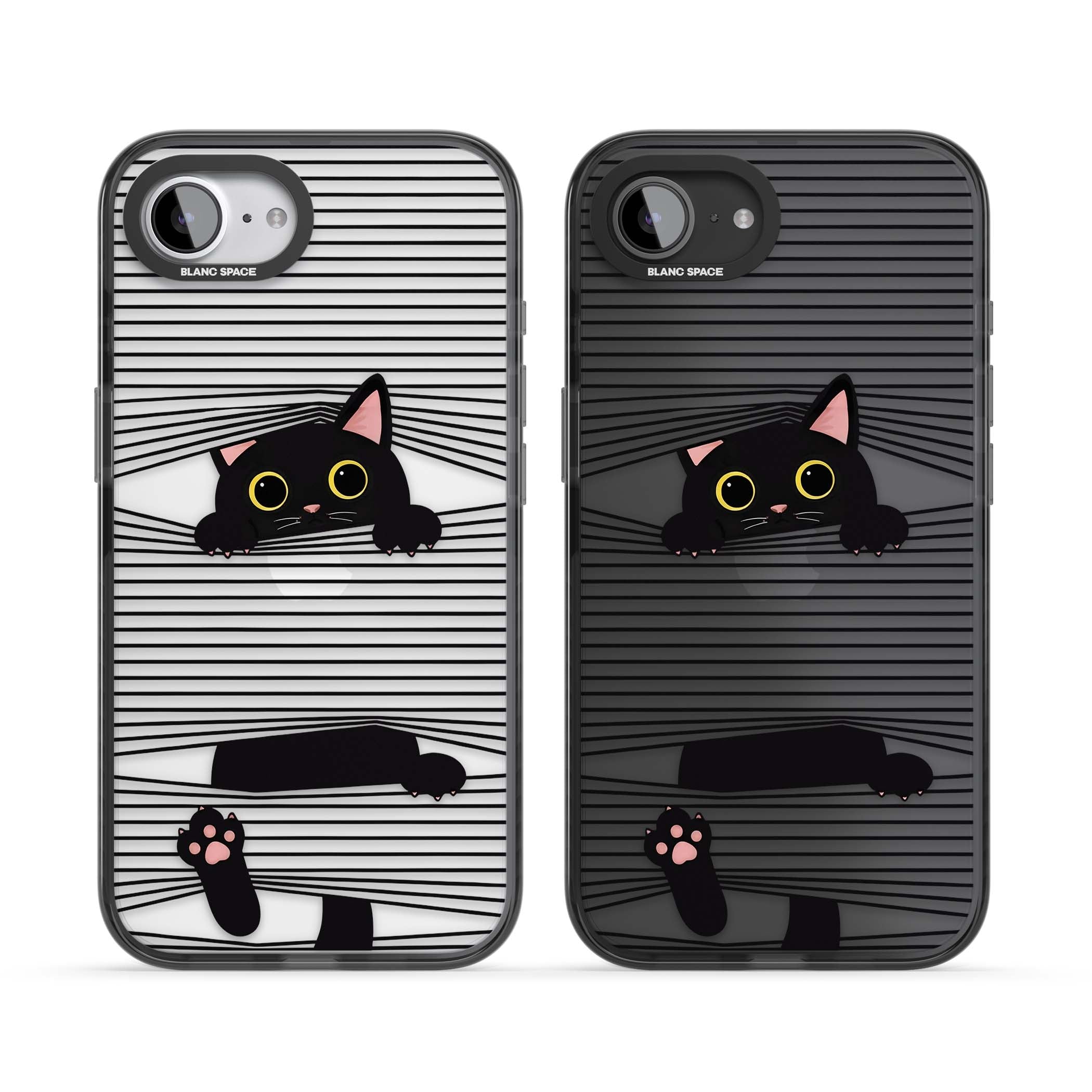 Peek-a-Boo Cat minimal iPhone case featuring black cat peeking through horizontal black and white stripes | Black Impact case for iPhone 16e, iPhone 17e