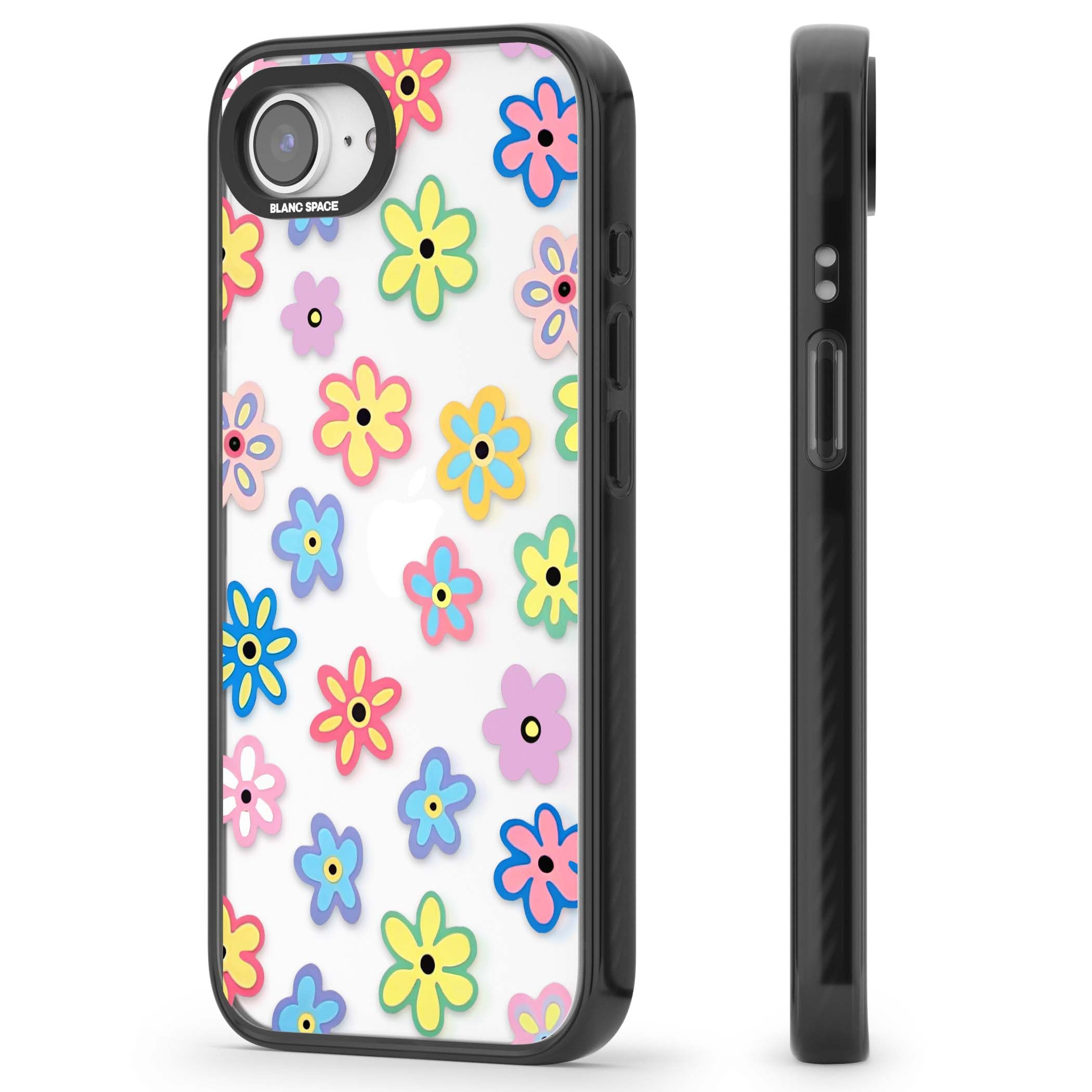 Bloom Pop cottagecore iPhone case featuring multicolor pastel flowers with black centers on clear background | Black Impact case for iPhone 16e, iPhone 17e