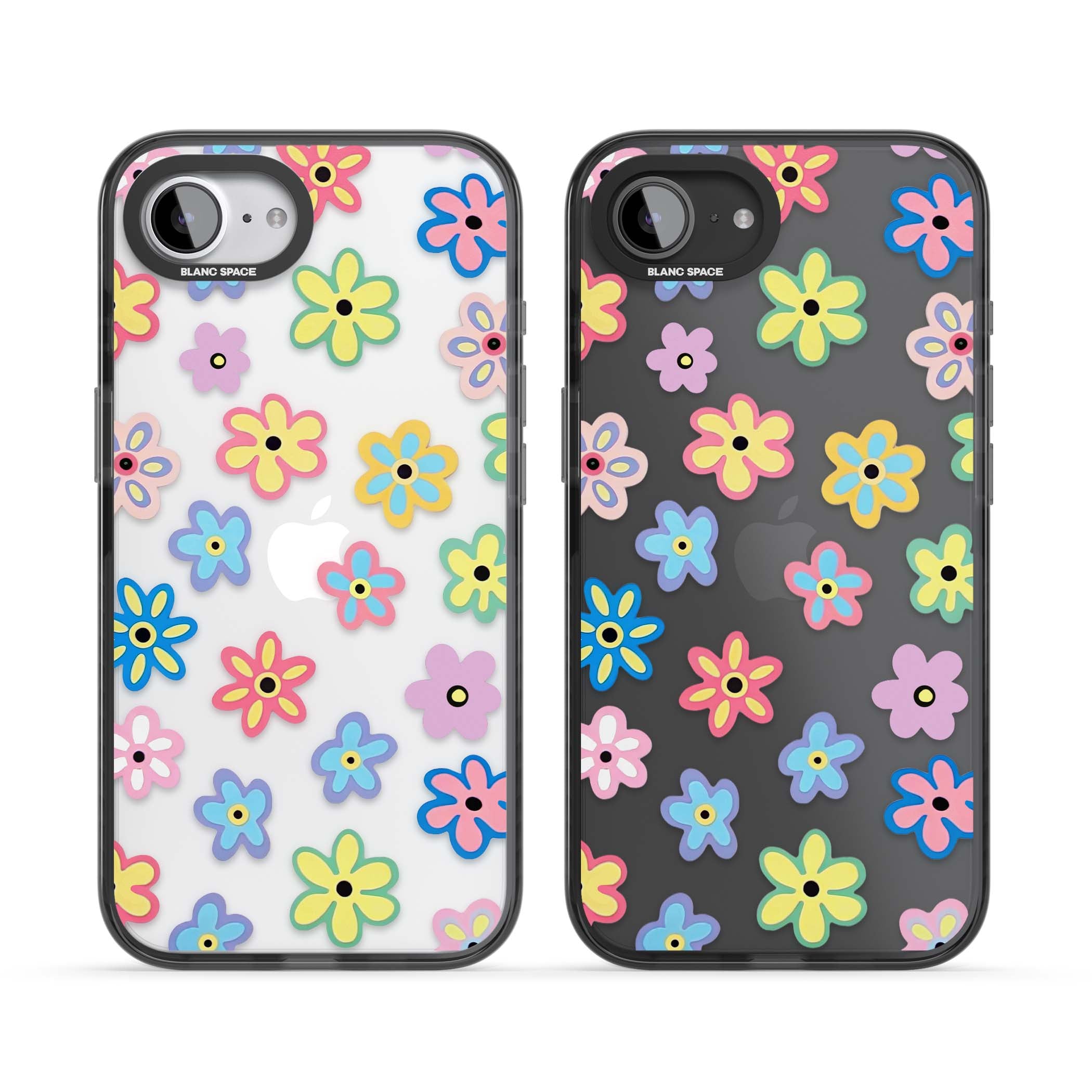 Bloom Pop cottagecore iPhone case featuring multicolor pastel flowers with black centers on clear background | Black Impact case for iPhone 16e, iPhone 17e