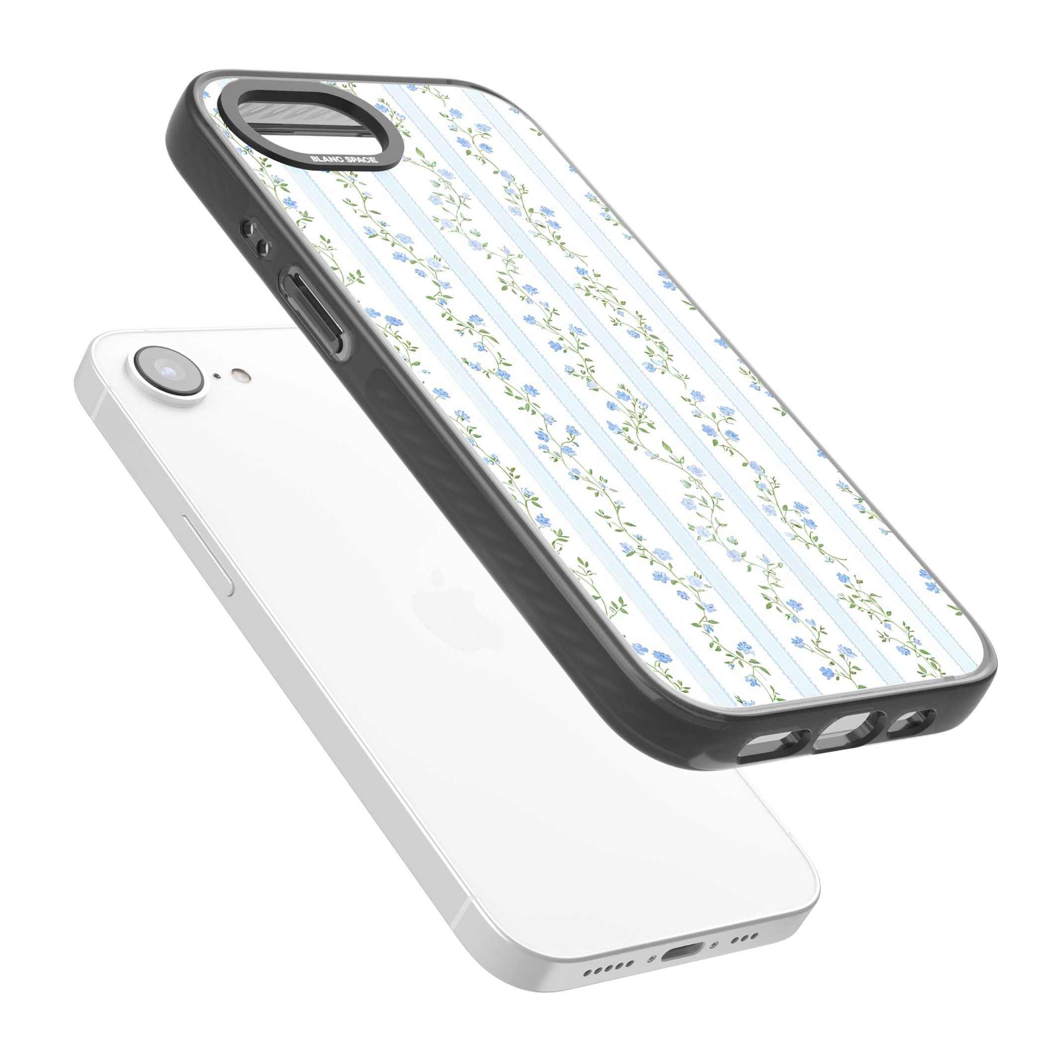 Bluebell Vine cottagecore iPhone case featuring climbing blue roses, trailing green vines, and pale ticking stripes | Black Impact case for iPhone 16e, iPhone 17e