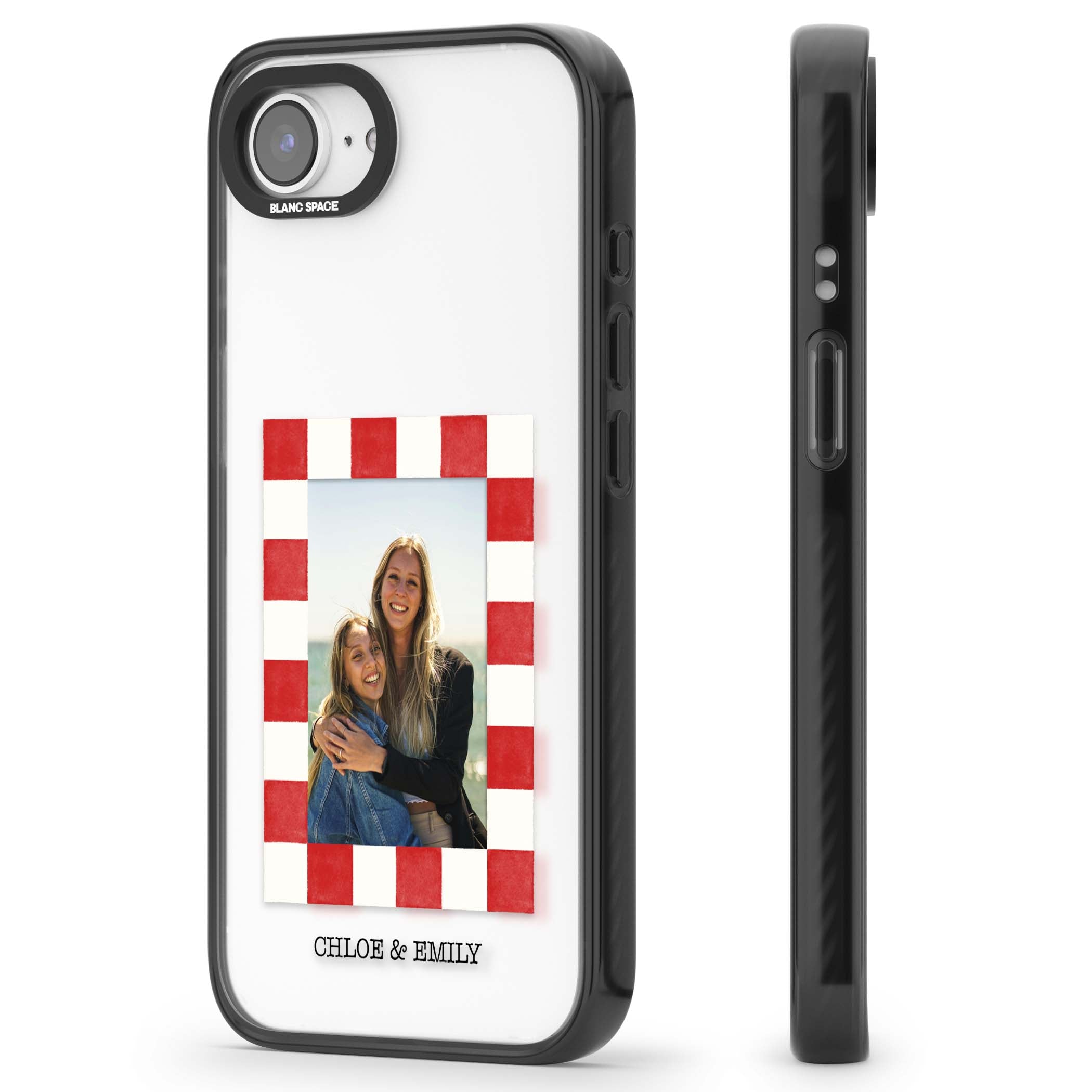 Red Check Photo personalised photo iPhone case with red and white checkered polaroid frame and custom couple name | Black Impact case for iPhone 16e, iPhone 17e