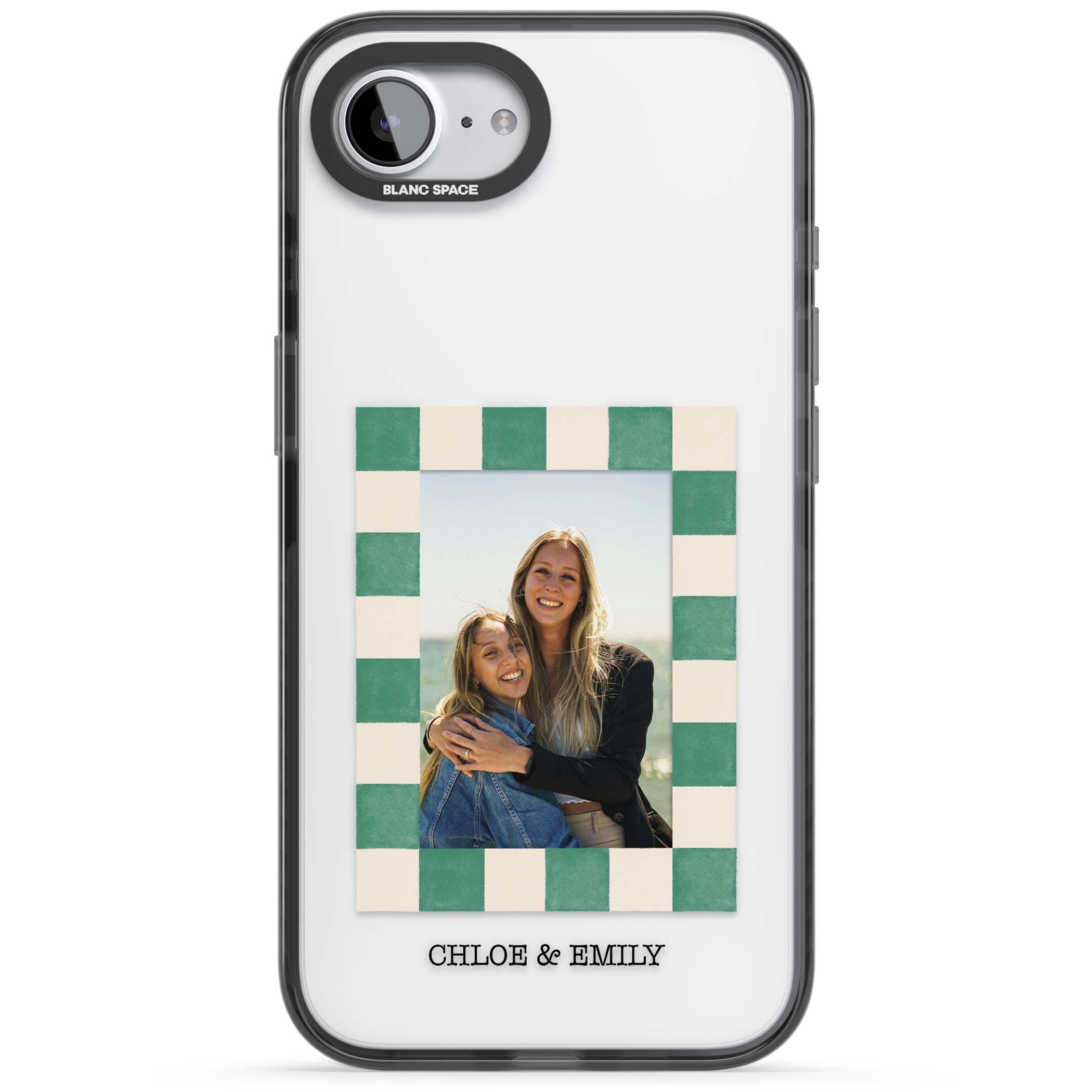 Seafoam Check Photo personalised iPhone case featuring a custom polaroid photo, green and cream checkered frame, and custom n | Black Impact case for iPhone 16e, iPhone 17e