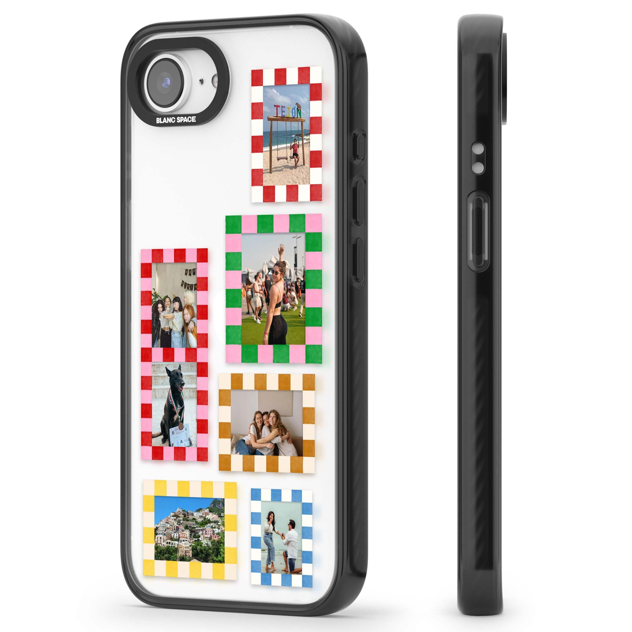 Italian Check Frames custom photo collage iPhone case featuring six checkered photo frames in red, green, pink and | Black Impact case for iPhone 16e, iPhone 17e