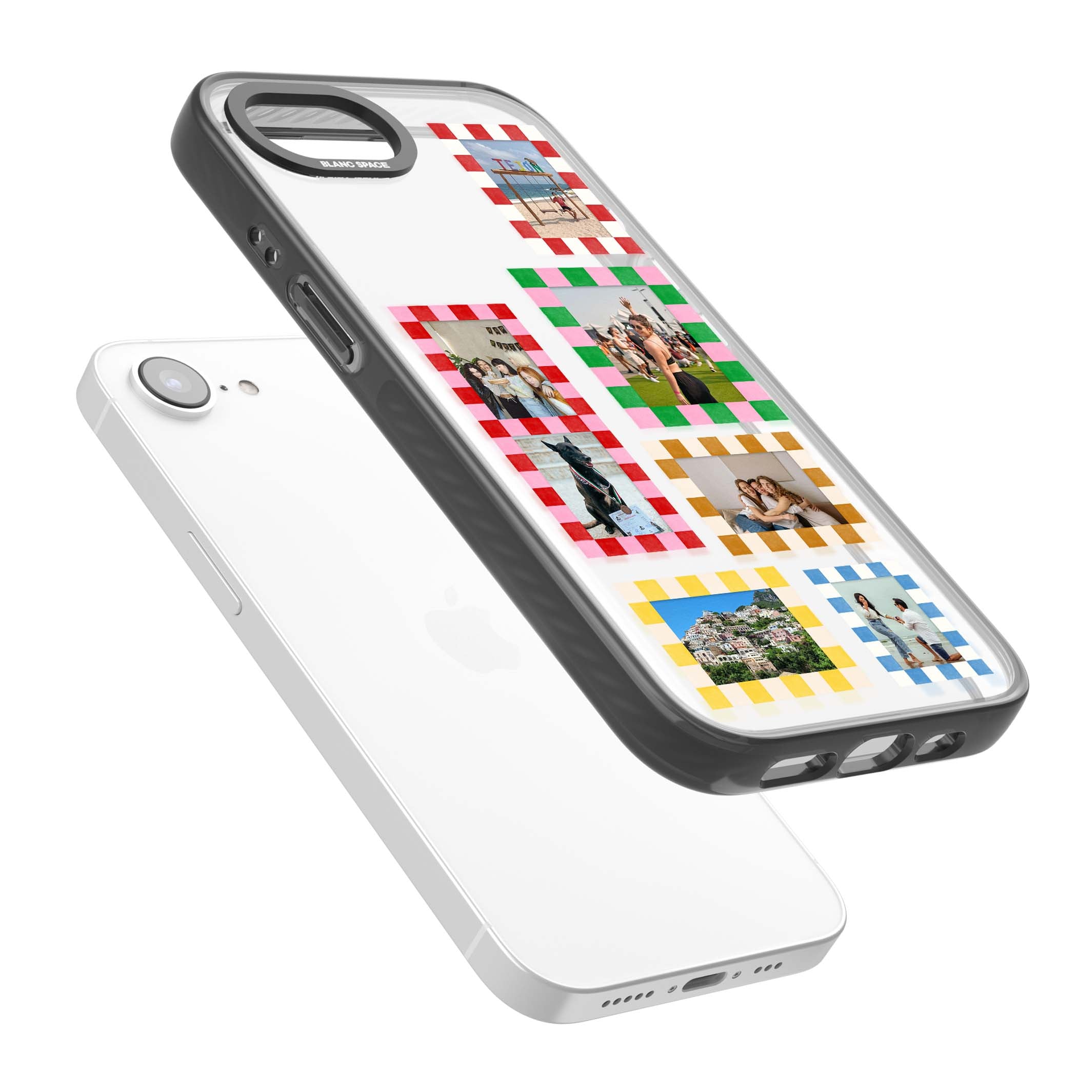 Italian Check Frames custom photo collage iPhone case featuring six checkered photo frames in red, green, pink and | Black Impact case for iPhone 16e, iPhone 17e
