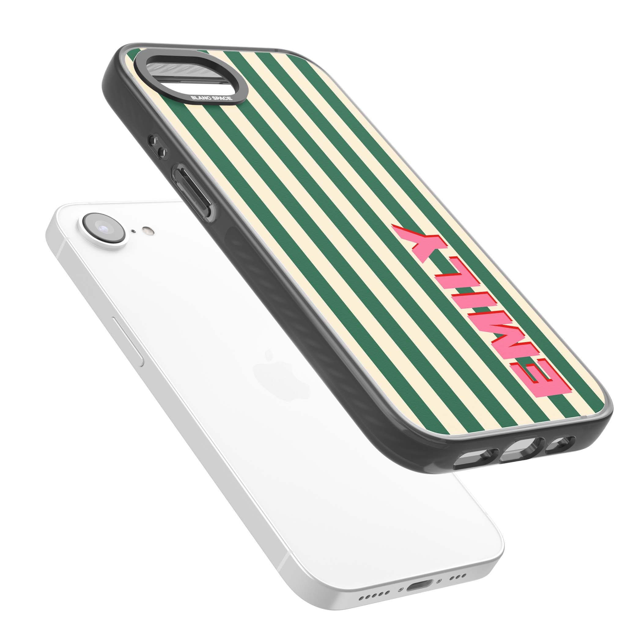 Wimbledon Stripe preppy iPhone case featuring green and cream vertical stripes with a personalised pink name | Black Impact case for iPhone 16e, iPhone 17e