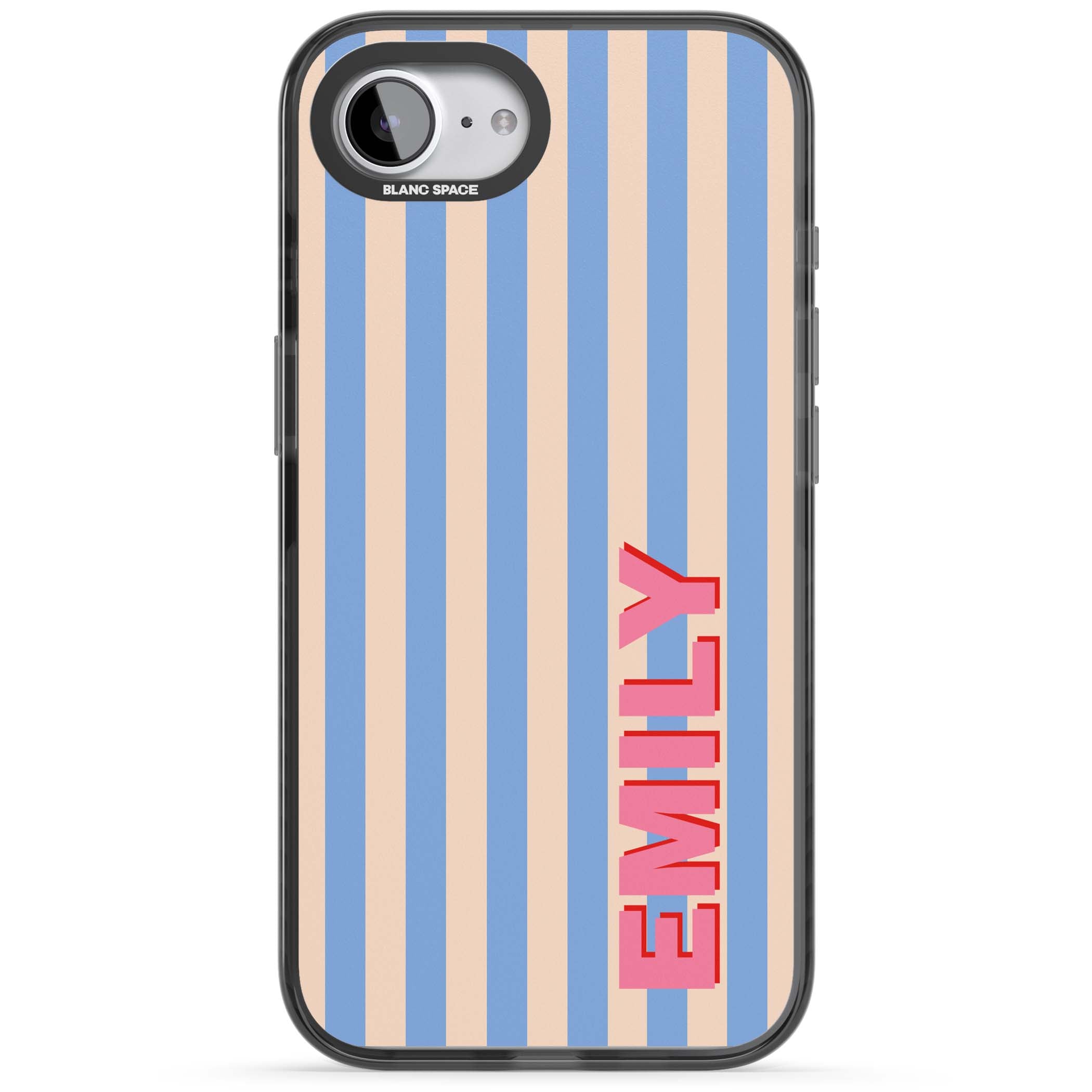 Coastal Stripe personalised coastal iPhone case with blue and peach vertical stripes and custom pink name | Black Impact case for iPhone 16e, iPhone 17e