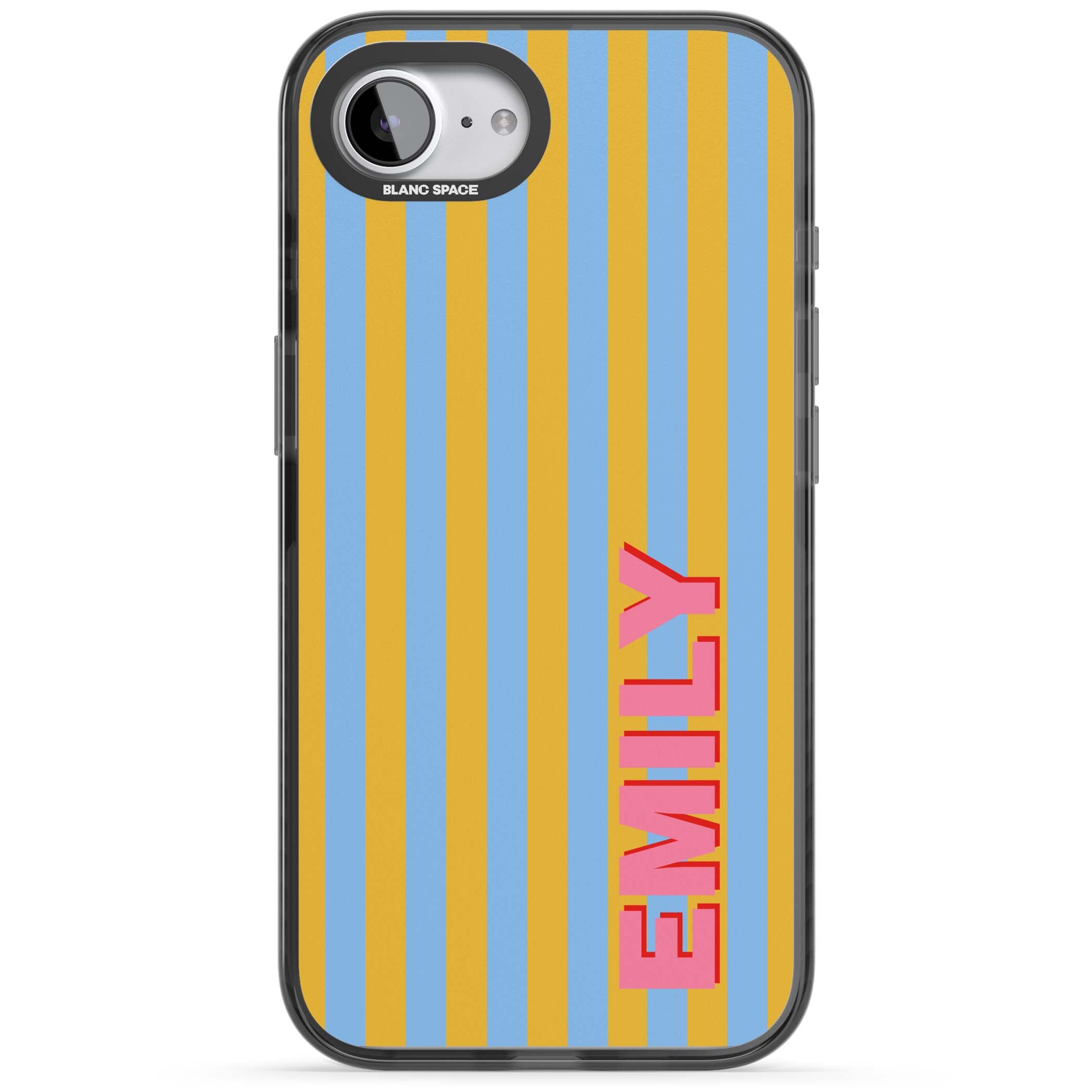 Carribean Stripe personalised coastal iPhone case with yellow and blue vertical stripes and a custom pink name | Black Impact case for iPhone 16e, iPhone 17e
