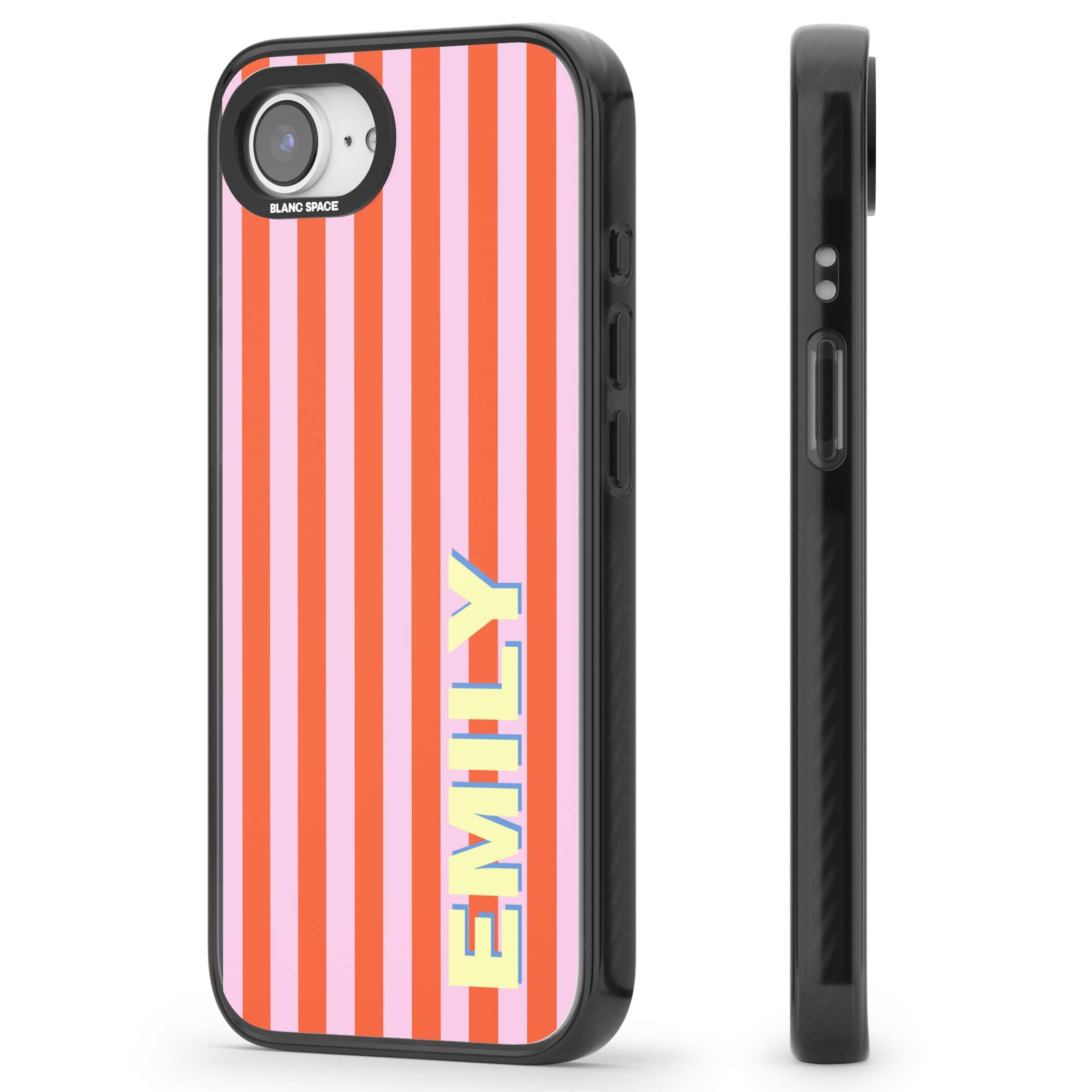Havana Stripe personalised iPhone case featuring pink and orange vertical stripes with a custom yellow name | Black Impact case for iPhone 16e, iPhone 17e