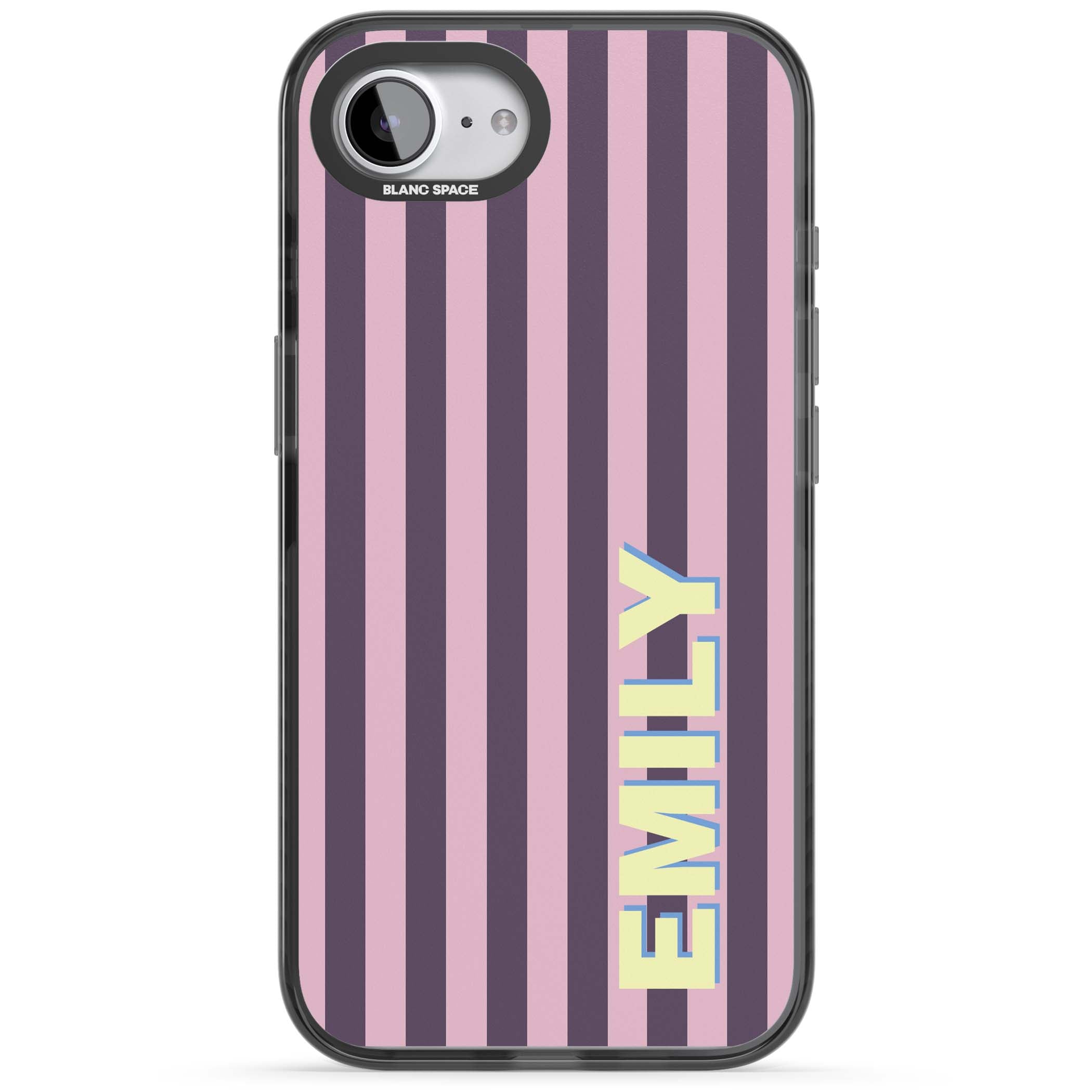 Tyre Stripe personalised stripe iPhone case with plum and pink vertical stripes and custom yellow name | Black Impact case for iPhone 16e, iPhone 17e