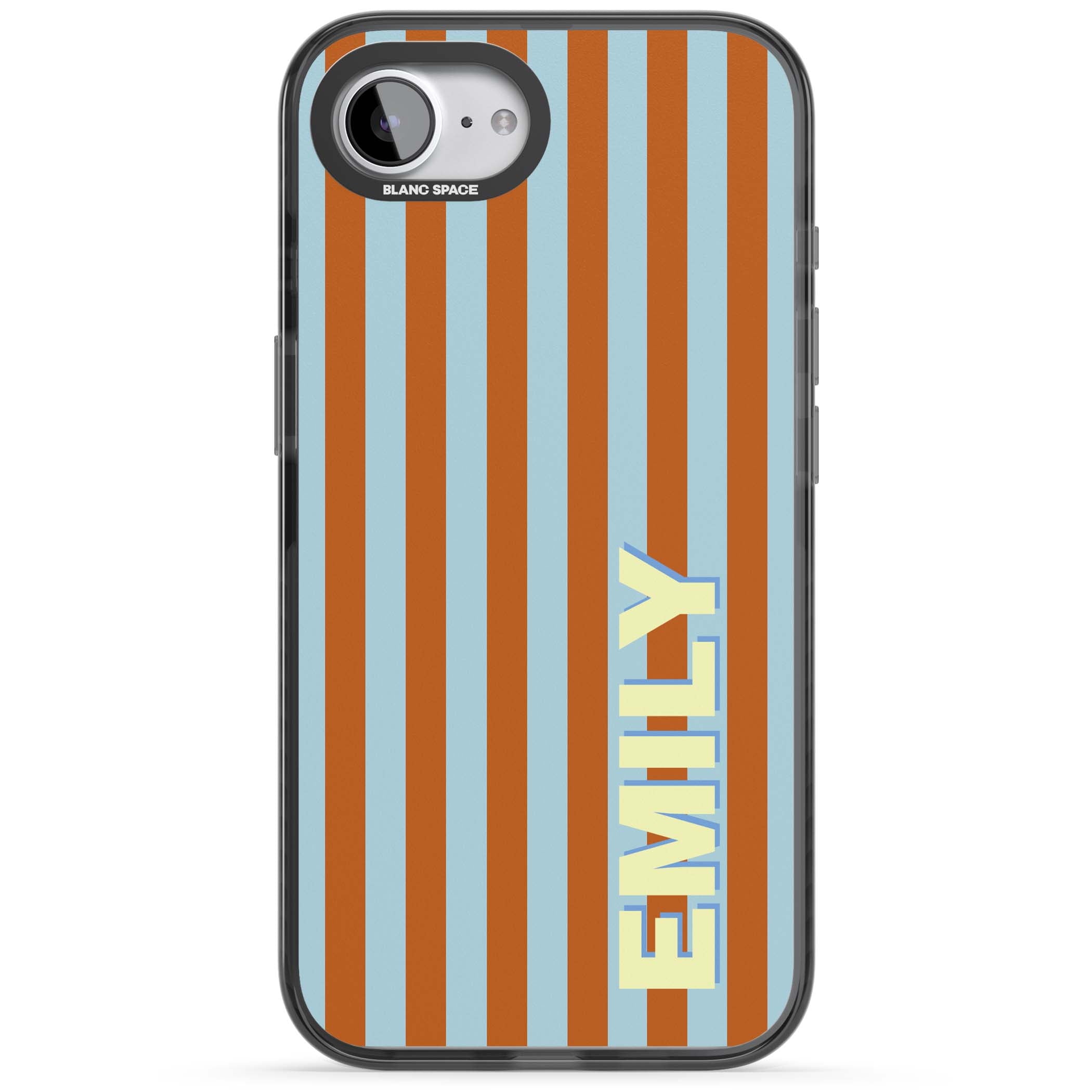Cappadocia Stripe personalised coastal iPhone case featuring blue and orange vertical stripes with custom cream name | Black Impact case for iPhone 16e, iPhone 17e
