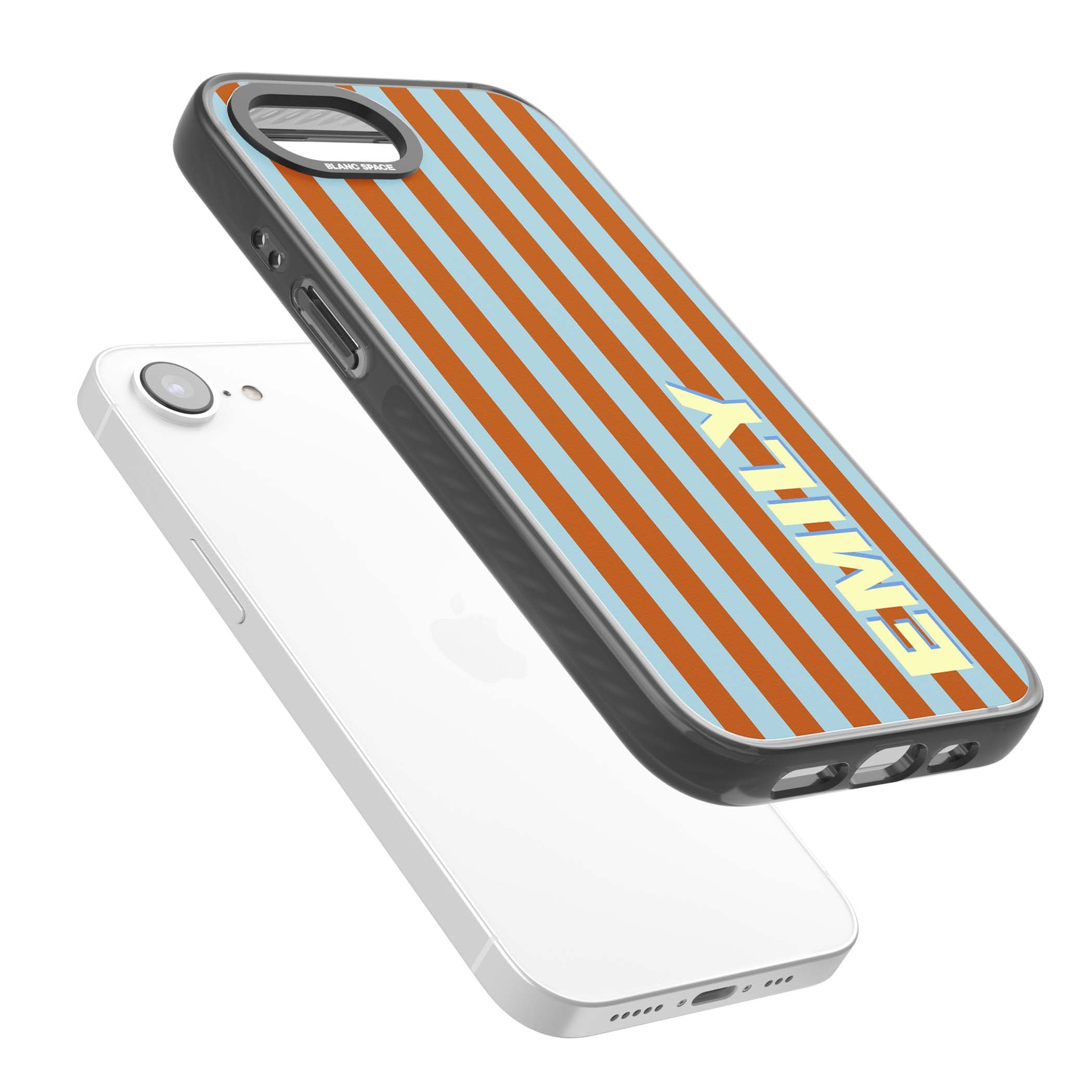 Cappadocia Stripe personalised coastal iPhone case featuring blue and orange vertical stripes with custom cream name | Black Impact case for iPhone 16e, iPhone 17e