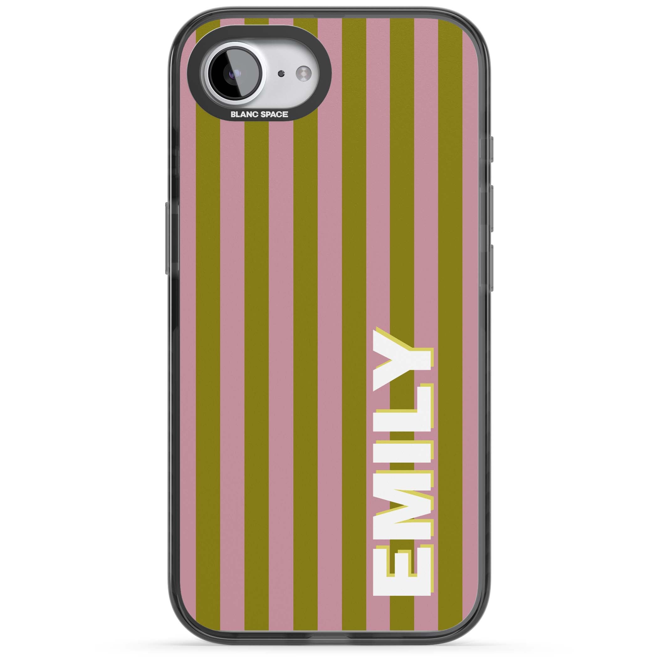 Istanbul Stripe personalised iPhone case featuring pink and olive green vertical stripes with a custom vertical name | Black Impact case for iPhone 16e, iPhone 17e