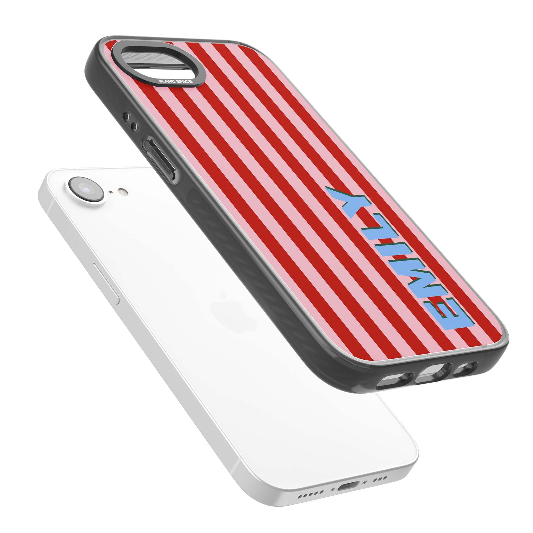 Market Stripe personalised iPhone case with red and pink vertical stripes and custom blue name | Black Impact case for iPhone 16e, iPhone 17e