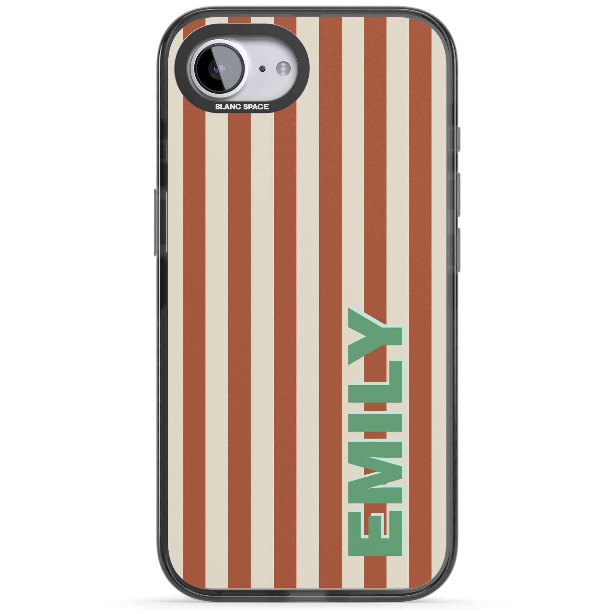Dune Stripe personalised iPhone case with rust and cream vertical stripes and custom name in mint green | Black Impact case for iPhone 16e, iPhone 17e
