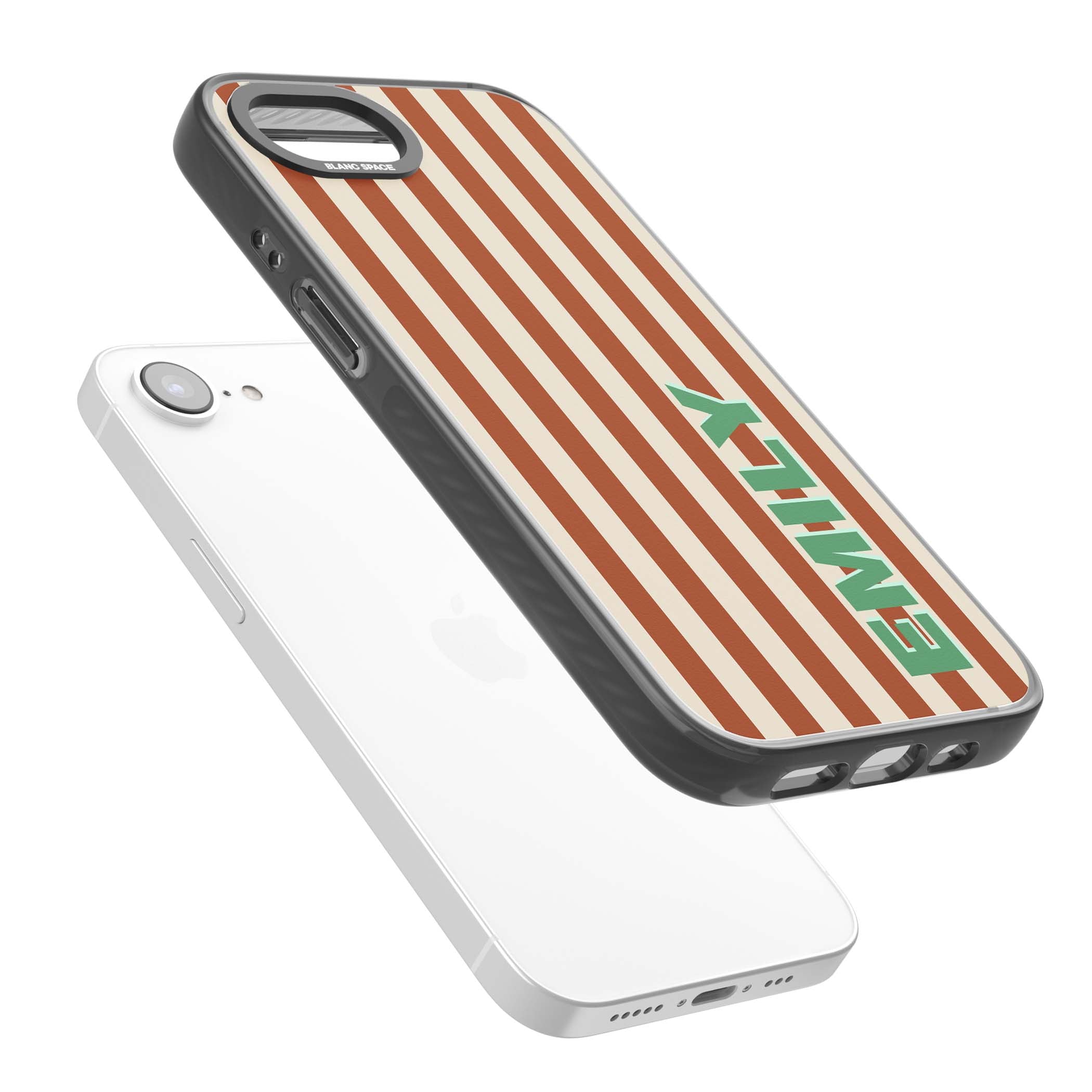 Dune Stripe personalised iPhone case with rust and cream vertical stripes and custom name in mint green | Black Impact case for iPhone 16e, iPhone 17e