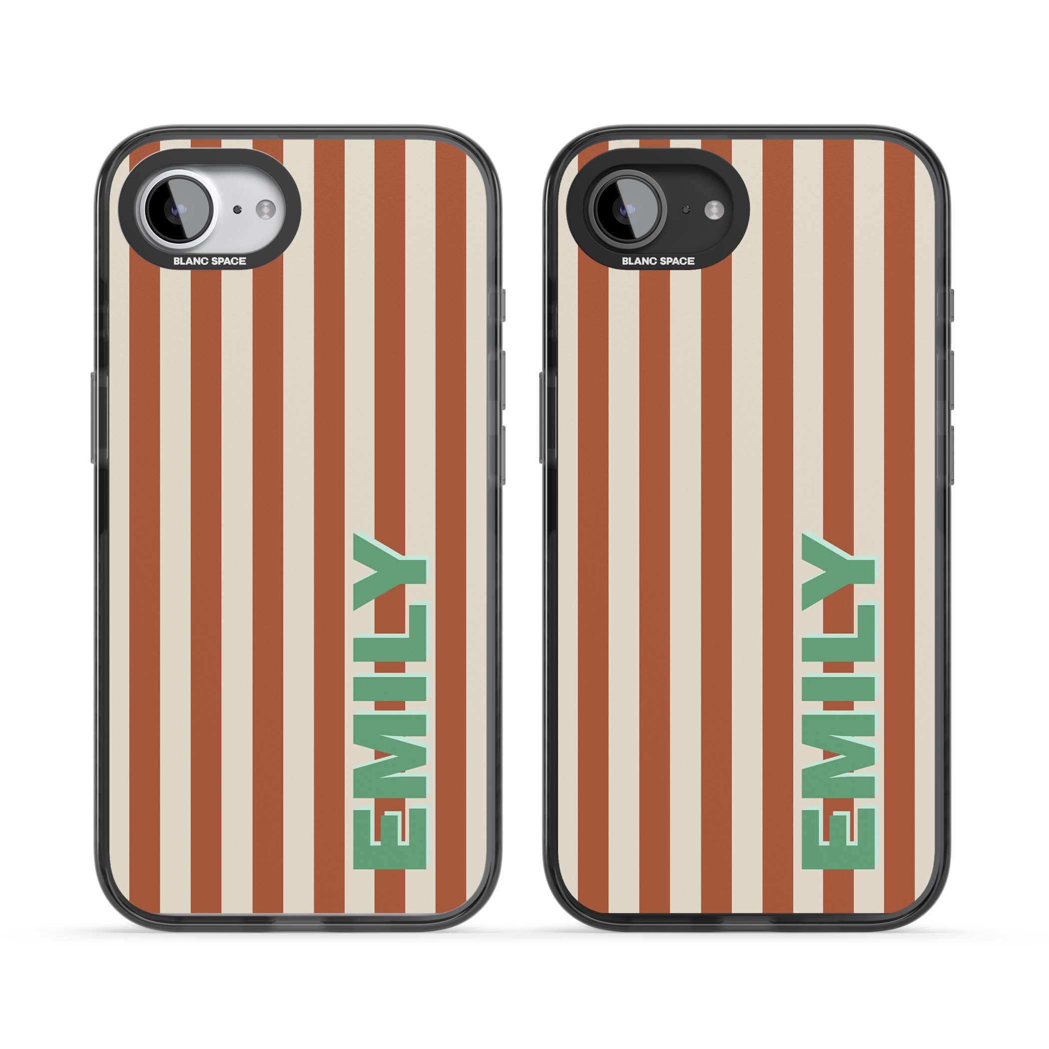 Dune Stripe personalised iPhone case with rust and cream vertical stripes and custom name in mint green | Black Impact case for iPhone 16e, iPhone 17e