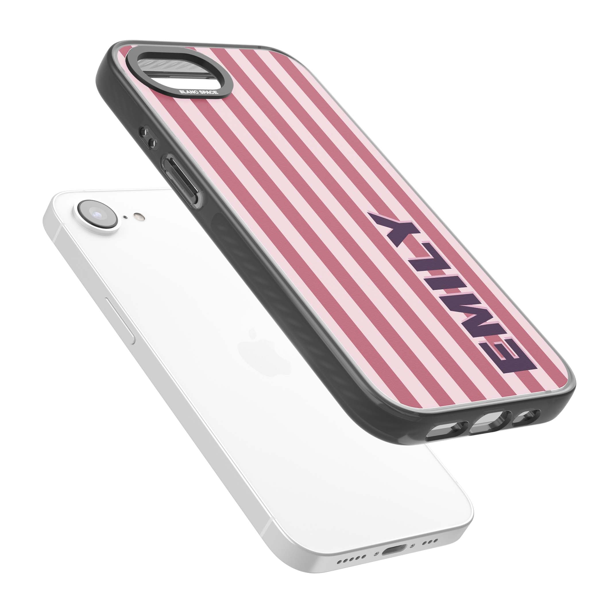 Victoria Stripe personalised iPhone case featuring pink vertical stripes and custom name in bold plum lettering | Black Impact case for iPhone 16e, iPhone 17e