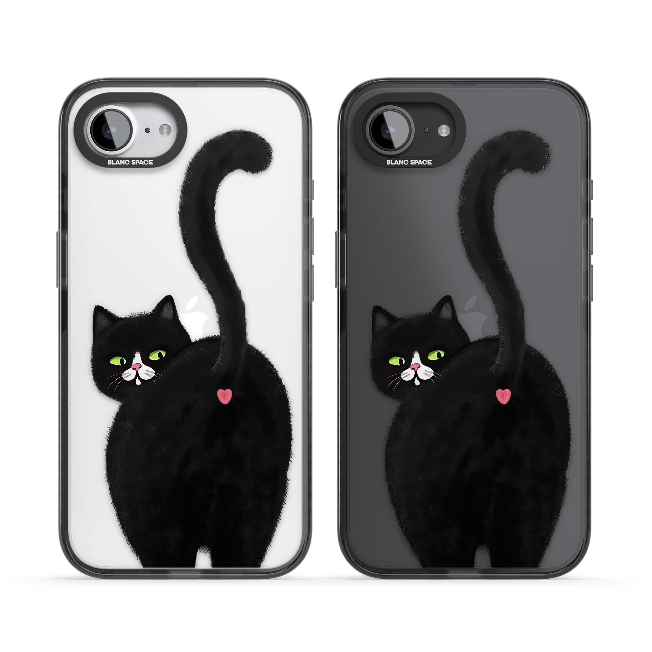The Cat's Kiss cute cat iPhone case featuring a hand-painted tuxedo kitty with green eyes and a pink heart on a clear | Black Impact case for iPhone 16e, iPhone 17e