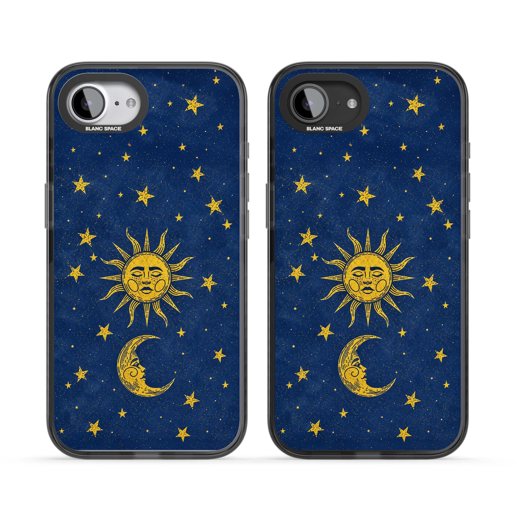 Sun & Moon Reverie celestial iPhone case featuring a vintage golden sun, crescent moon and scattered stars on midnight blue | Black Impact case for iPhone 16e, iPhone 17e