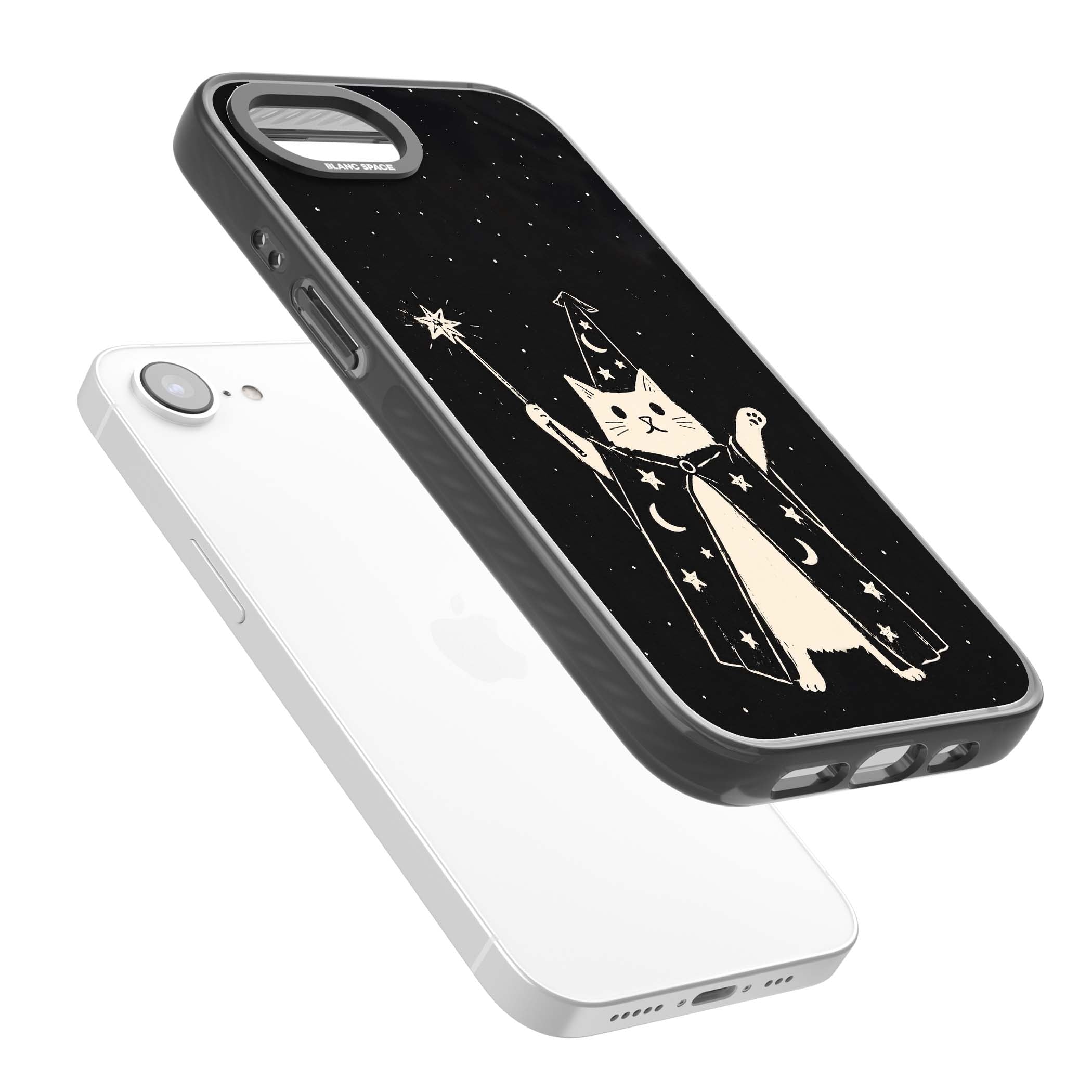 Whisker Wizard celestial cat iPhone case featuring a wizard cat with magic wand, starry night sky and crescent moons | Black Impact case for iPhone 16e, iPhone 17e