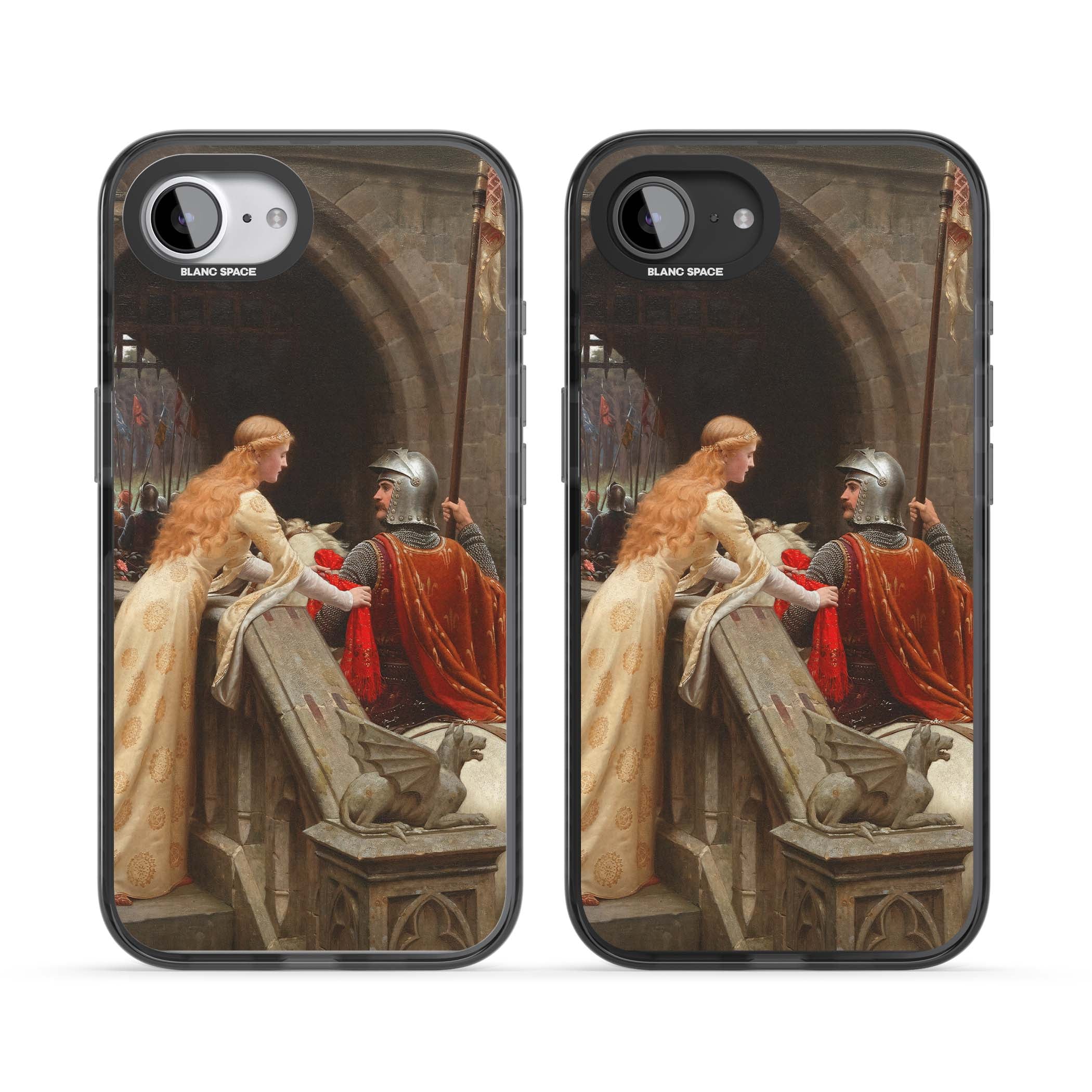 God Speed fine art iPhone case featuring Edmund Blair Leighton's medieval knight and lady beneath a stone archway | Black Impact case for iPhone 16e, iPhone 17e