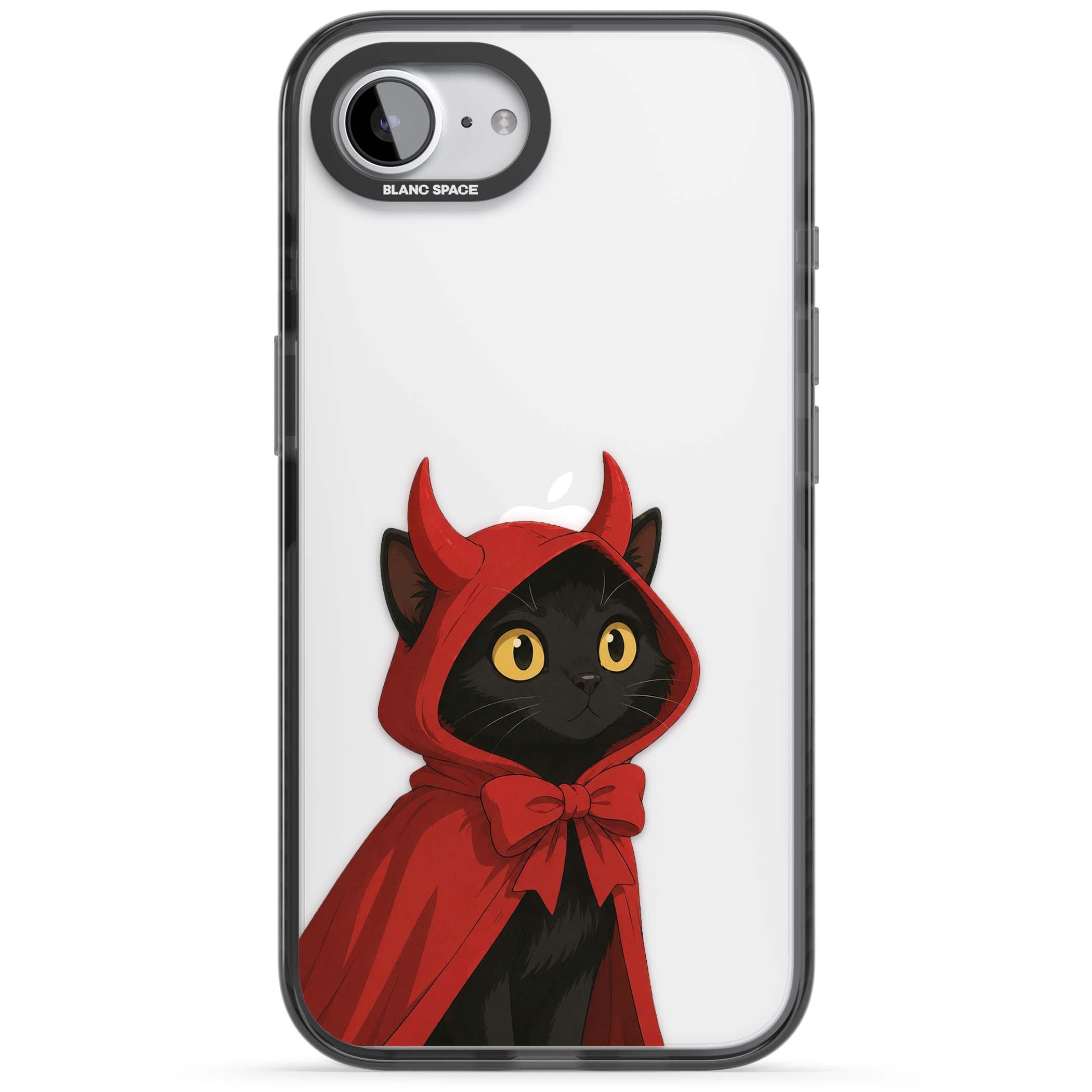 Little Devil halloween iPhone case featuring a black cat in a red hooded devil cloak with horns and golden eyes | Black Impact case for iPhone 16e, iPhone 17e