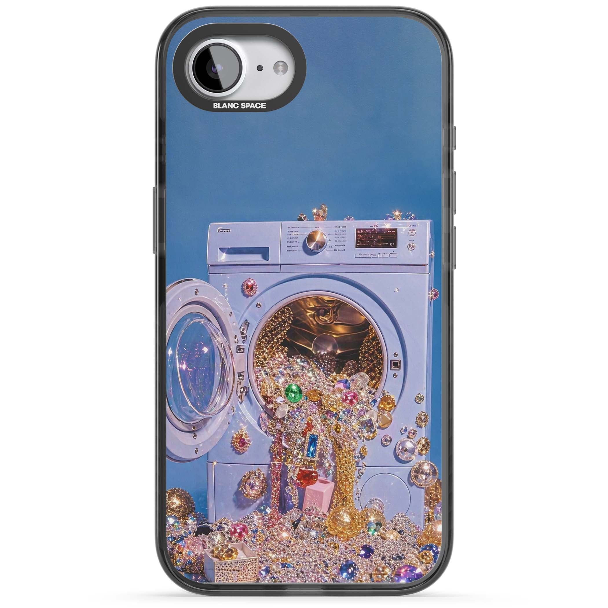 Gem Laundry baddie iPhone case featuring a surreal washing machine overflowing with colourful gemstones and crystals | Black Impact case for iPhone 16e, iPhone 17e